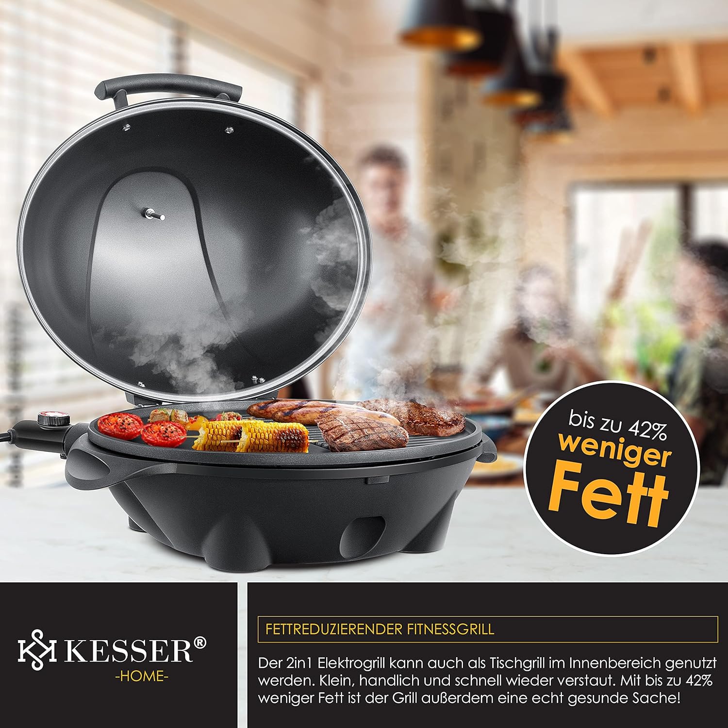 KESSER® elektrischer Elektrogrill 2in1 Tischgrill - Standgrill mit Deckel Standfuß | max. 2400 Watt Thermometer | Antihaftbeschichtung | XXL Grillplatte | integrierte Ablagefläche Elektro-Säulengrill — Ansicht 5