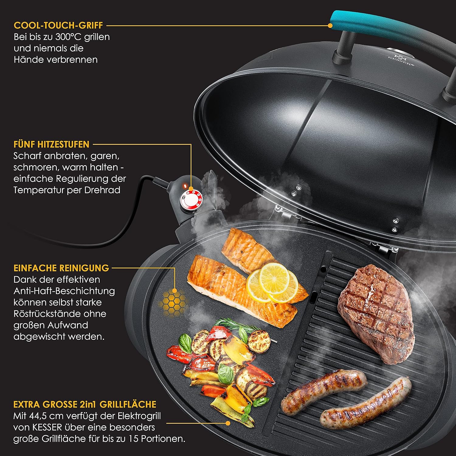 KESSER® elektrischer Elektrogrill 2in1 Tischgrill - Standgrill mit Deckel Standfuß | max. 2400 Watt Thermometer | Antihaftbeschichtung | XXL Grillplatte | integrierte Ablagefläche Elektro-Säulengrill — Ansicht 6
