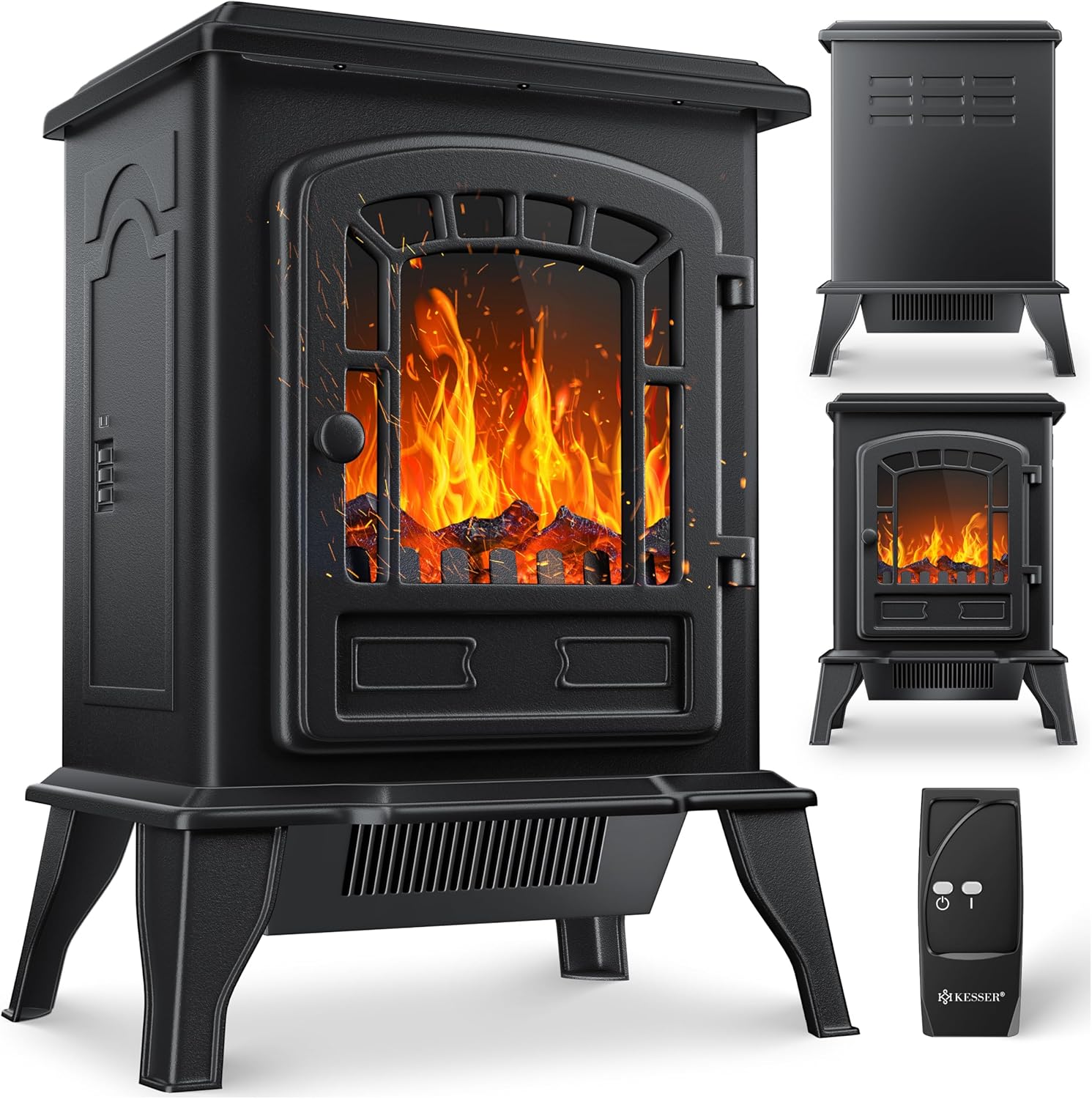 KESSER® Elektrokamin mit Heizlüfter & Fernbedienung 2000W Elektro Kamin Elektrischer Heizung LED Kaminfeuer Effekt Kaminofen Flammeneffekt Heizer Ofen geräuscharm regelbar Schwarz