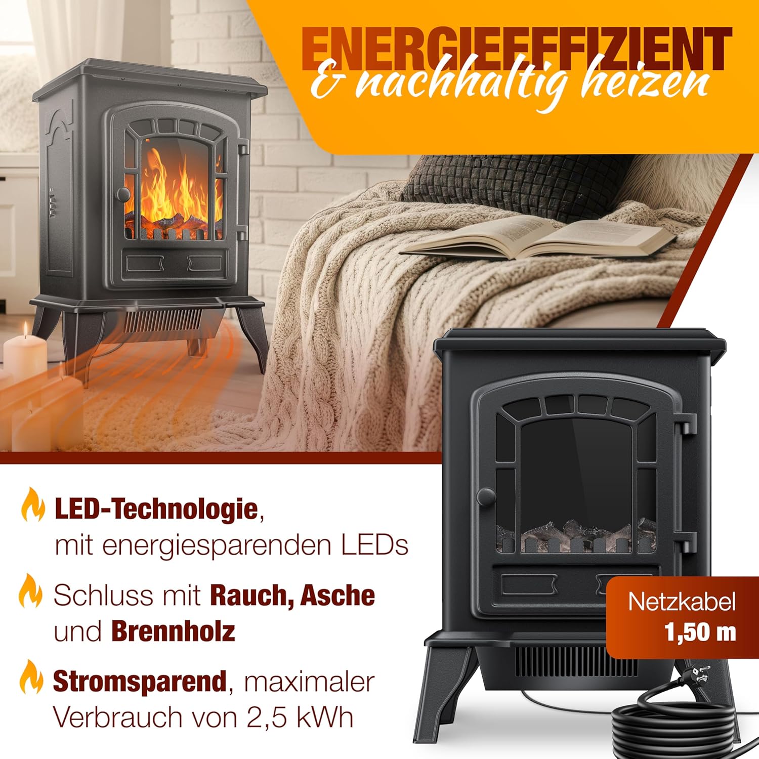 KESSER® Elektrokamin mit Heizlüfter & Fernbedienung 2000W Elektro Kamin Elektrischer Heizung LED Kaminfeuer Effekt Kaminofen Flammeneffekt Heizer Ofen geräuscharm regelbar Schwarz — Ansicht 5