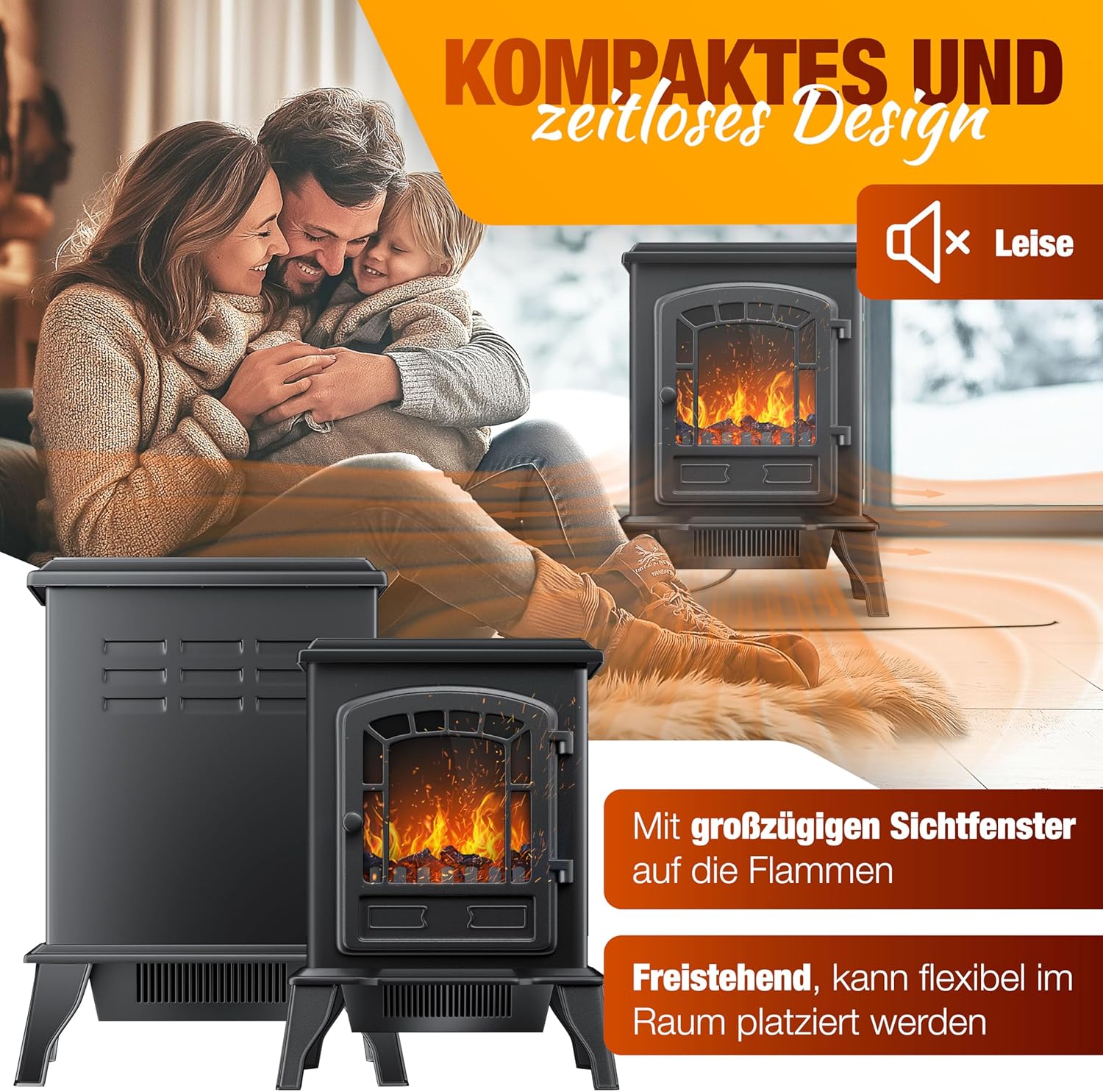 KESSER® Elektrokamin mit Heizlüfter & Fernbedienung 2000W Elektro Kamin Elektrischer Heizung LED Kaminfeuer Effekt Kaminofen Flammeneffekt Heizer Ofen geräuscharm regelbar Schwarz — Ansicht 6