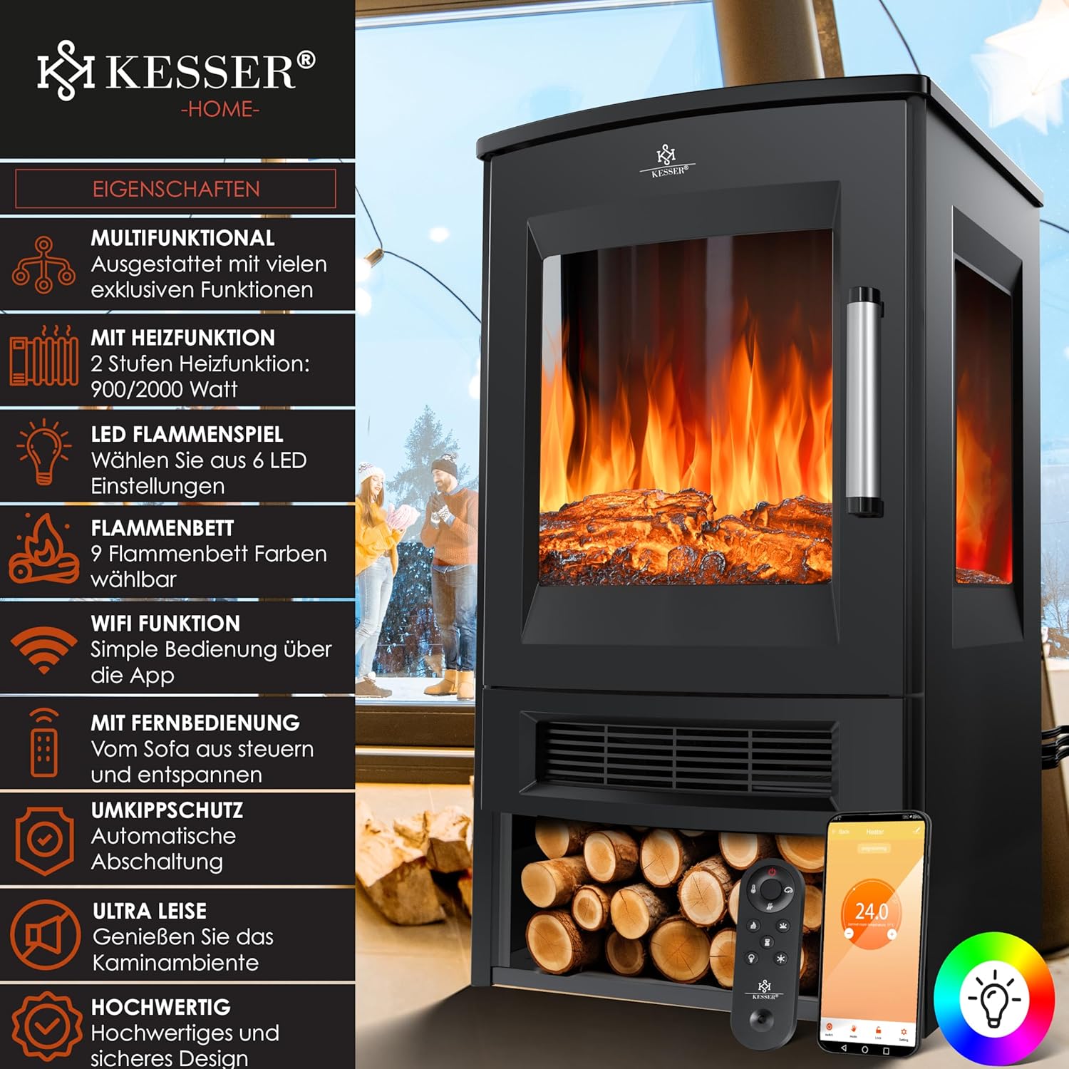 KESSER® Elektrokamin mit Heizung Panorama-Sichtfenster Heizlüfter 9 LED-Flammeneffekt Farbmodi Fernbedienung WiFi App 900/1800W Kaminfeuer elektrisch mit Thermostat Heizfunktion Timer — Ansicht 2