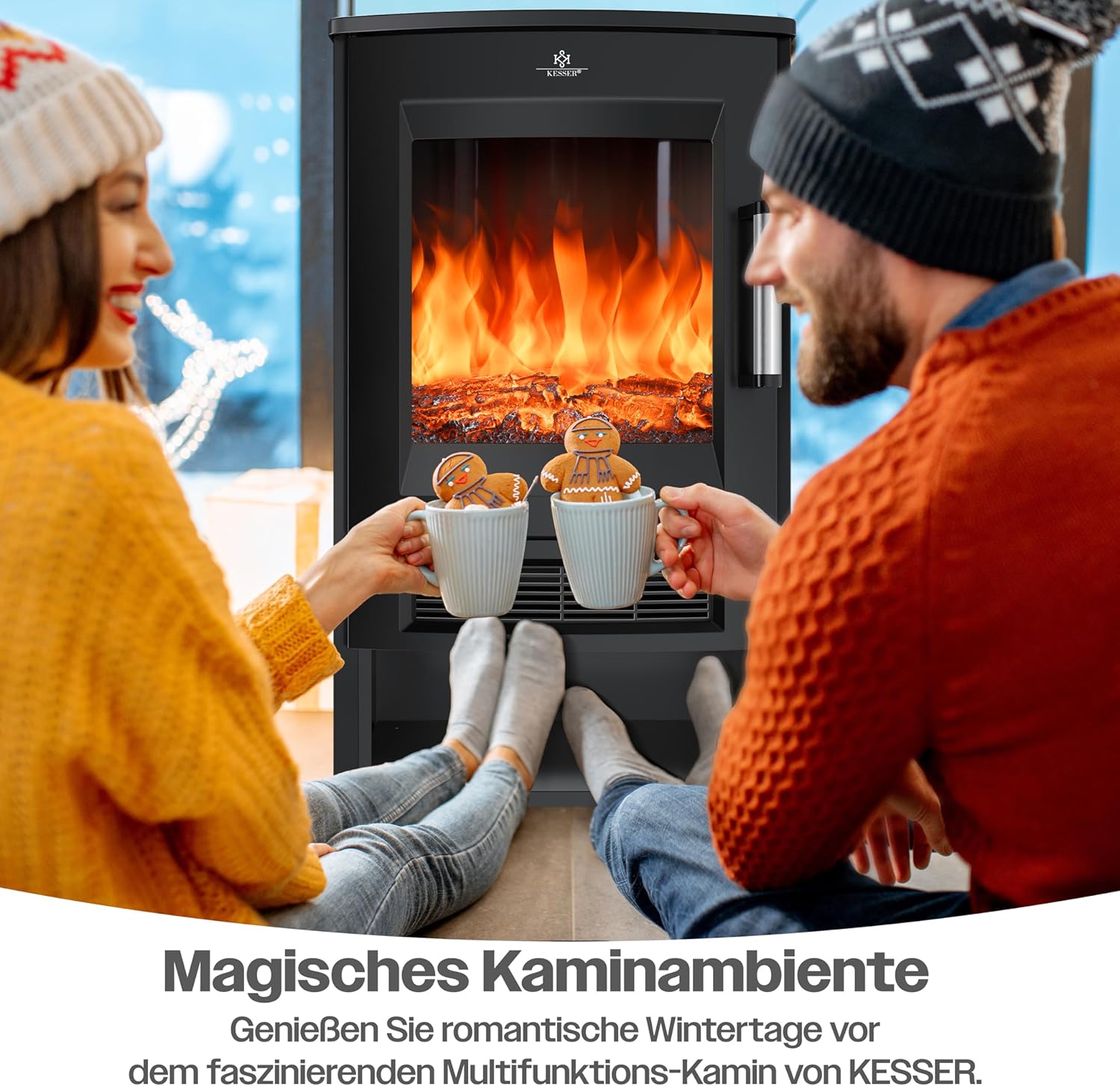 KESSER® Elektrokamin mit Heizung Panorama-Sichtfenster Heizlüfter 9 LED-Flammeneffekt Farbmodi Fernbedienung WiFi App 900/1800W Kaminfeuer elektrisch mit Thermostat Heizfunktion Timer — Ansicht 5