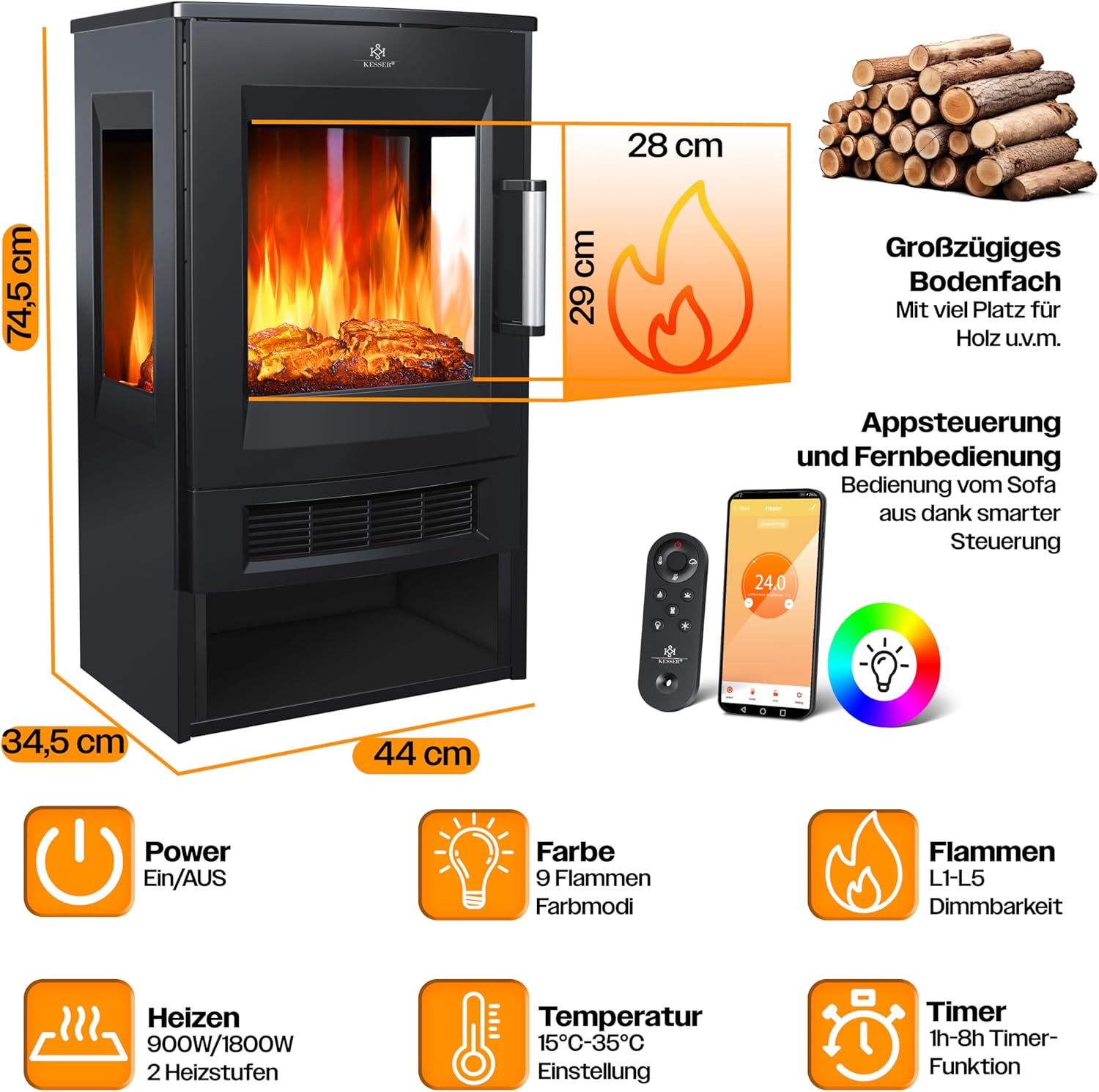 KESSER® Elektrokamin mit Heizung Panorama-Sichtfenster Heizlüfter 9 LED-Flammeneffekt Farbmodi Fernbedienung WiFi App 900/1800W Kaminfeuer elektrisch mit Thermostat Heizfunktion Timer — Ansicht 6