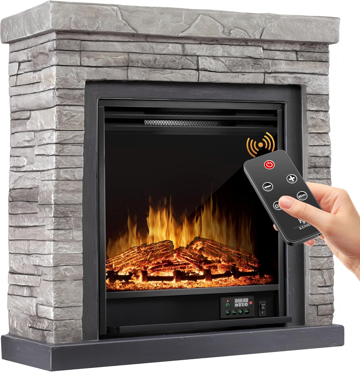 KESSER® Elektrokamin Standkamin - Kamin elektrisch mit LED 3D-Flammeneffekt, Heizung Heizfunktion, Elektro 1800W Leistung, Timer, Thermostat, Fernbedienung, dimmbar, Steinoptik/Grau