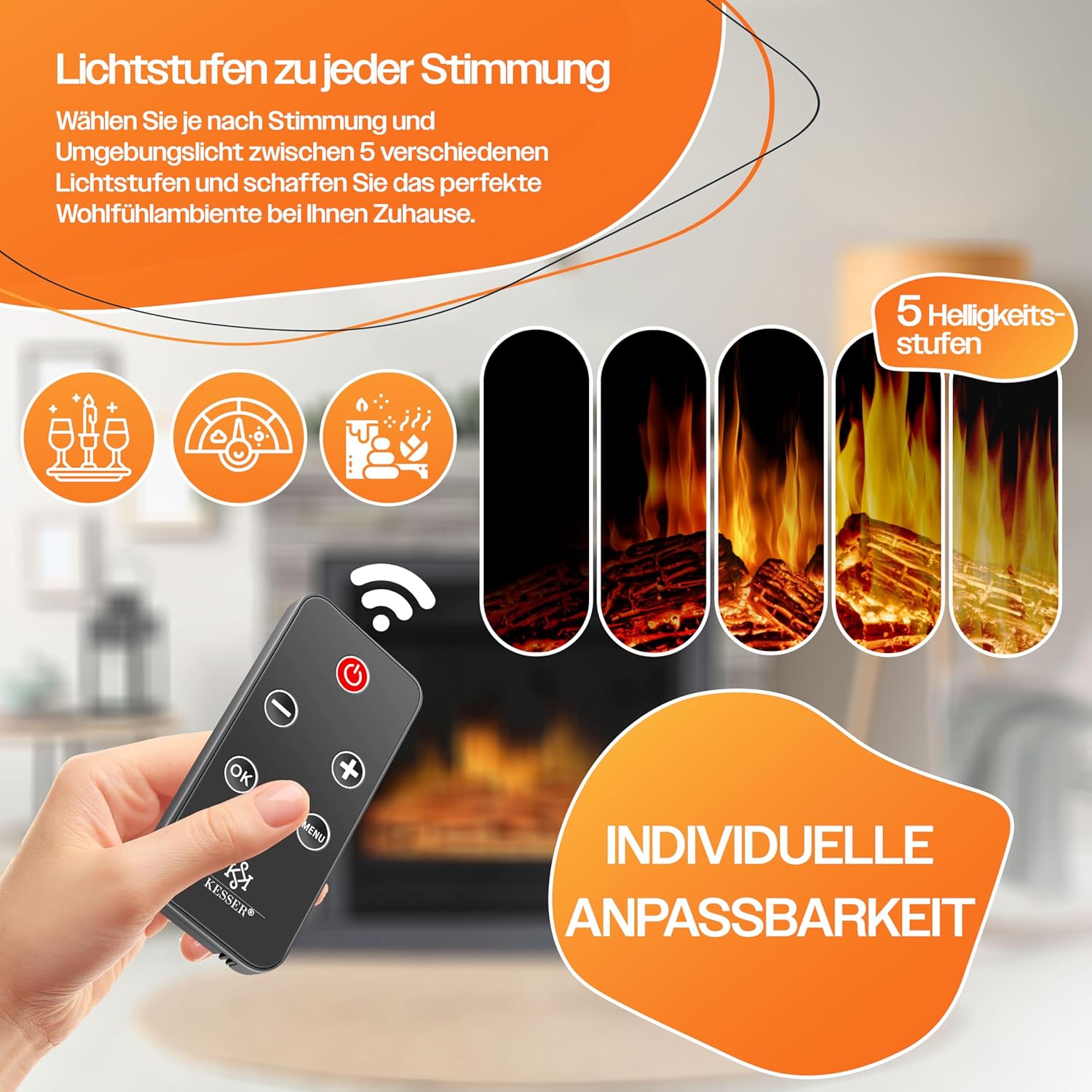 KESSER® Elektrokamin Standkamin - Kamin elektrisch mit LED 3D-Flammeneffekt, Heizung Heizfunktion, Elektro 1800W Leistung, Timer, Thermostat, Fernbedienung, dimmbar, Steinoptik/Grau — Ansicht 4