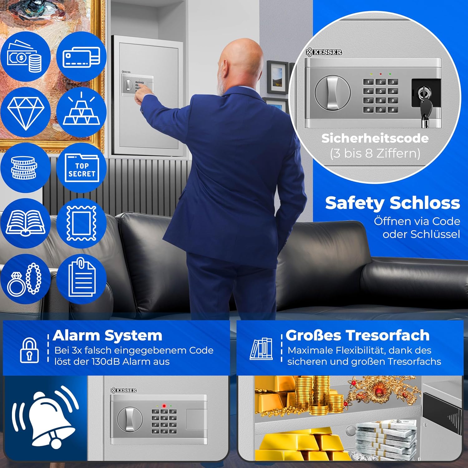 KESSER® Elektronischer Tresor | 38x30x30cm | Inkl. Batteriebox | Elektronischer Safe | 3x Doppelbolzenverriegelung | Boden Wandtresor | Möbeltresor | Innenbeleuchtung | Panzerschrank Zahlenschloss — Ansicht 3