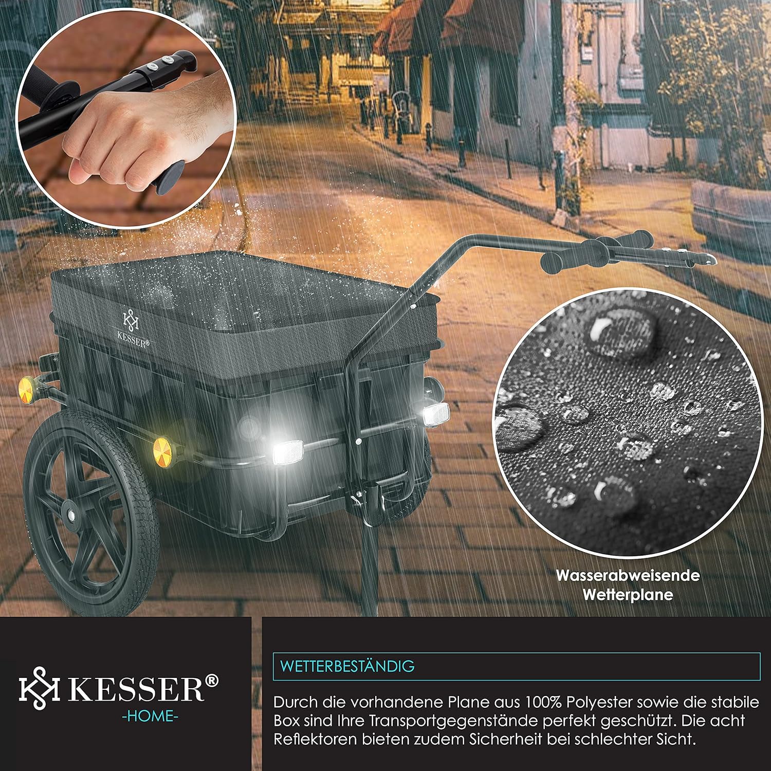 KESSER® Fahrradanhänger, Lastenanhänger, Handwagen mit Kupplung, Hochdeichsel, für Fahrrad Transportanhänger Transportbox mit 70 Liter Volumen, für 2 Bierkästen — Ansicht 5