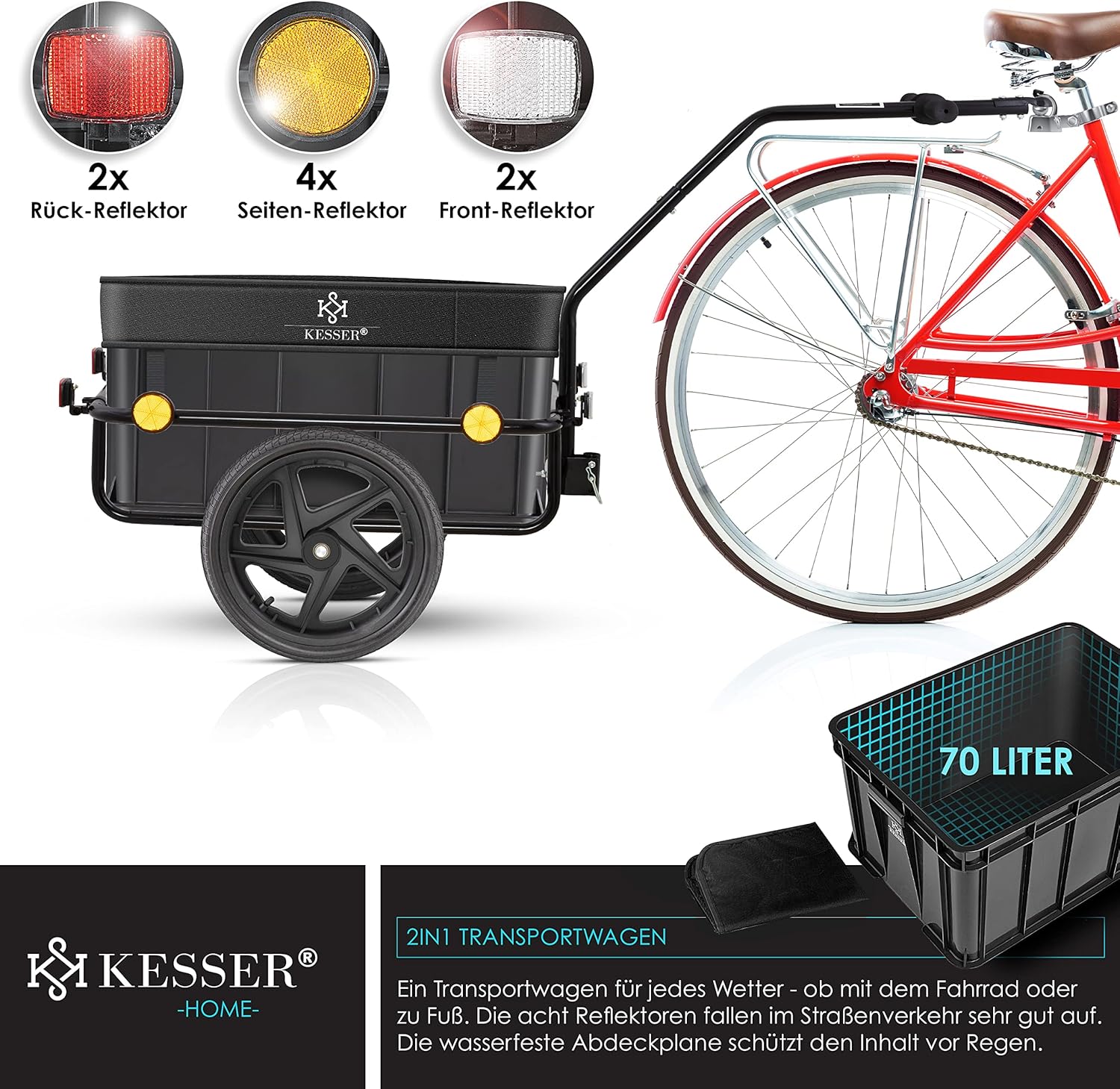 KESSER® Fahrradanhänger, Lastenanhänger, Handwagen mit Kupplung, Hochdeichsel, für Fahrrad Transportanhänger Transportbox mit 70 Liter Volumen, für 2 Bierkästen — Ansicht 6