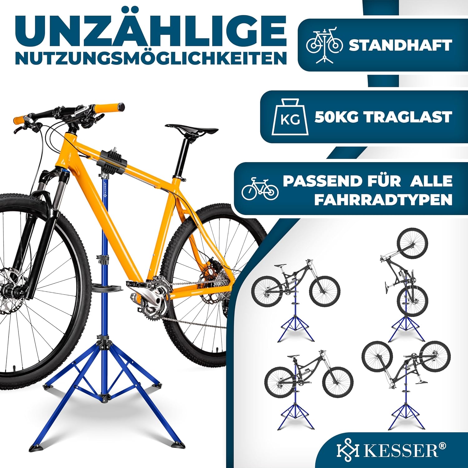 KESSER® Fahrradmontageständer Profi 50kg - 360° drehbar für E-Bike, Mountainbike & Fahrrad, höhenverstellbarer Reparaturständer, mit Werkzeugablage, Tragetasche & Schnellspanner — Ansicht 2