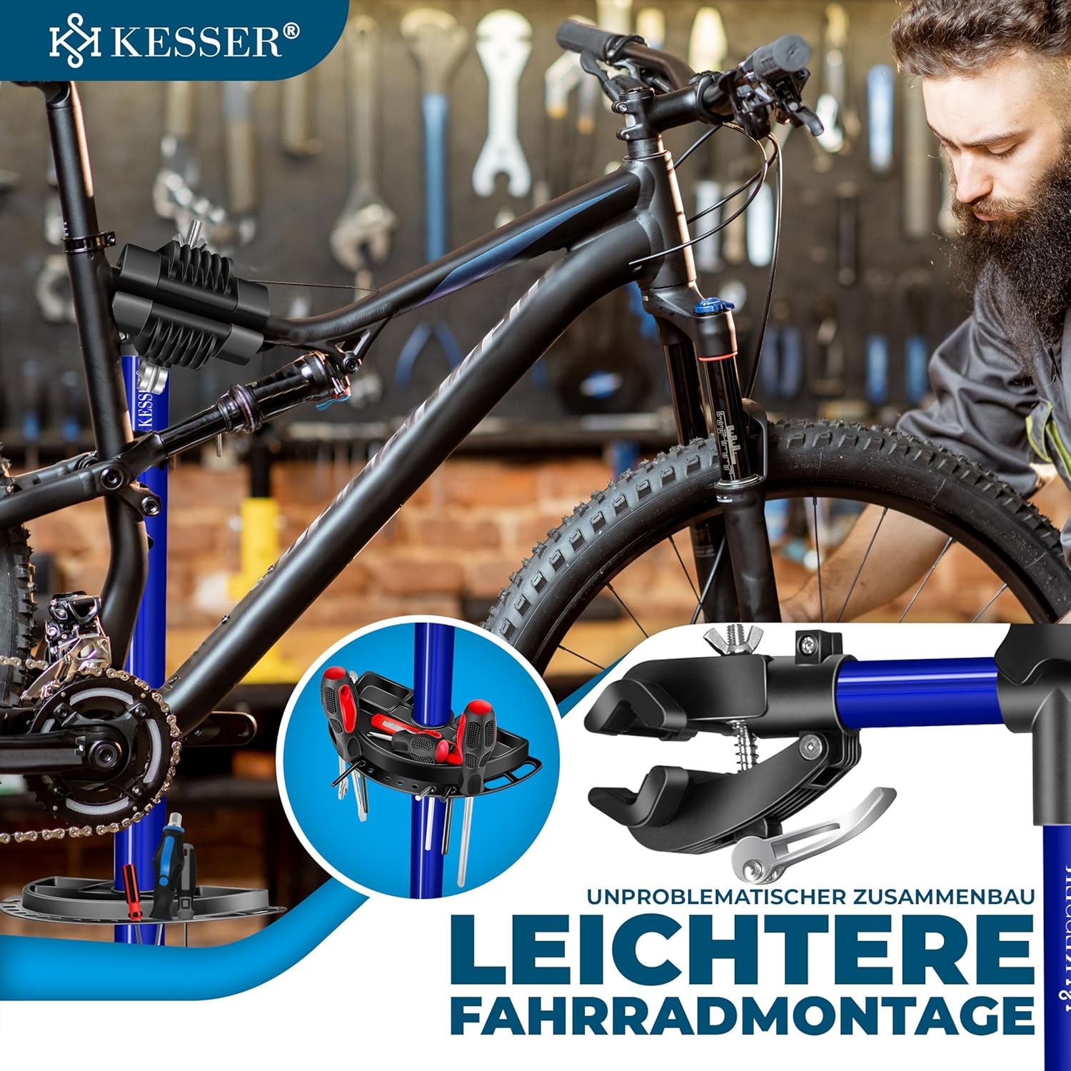 KESSER® Fahrradmontageständer Profi 50kg - 360° drehbar für E-Bike, Mountainbike & Fahrrad, höhenverstellbarer Reparaturständer, mit Werkzeugablage, Tragetasche & Schnellspanner — Ansicht 3