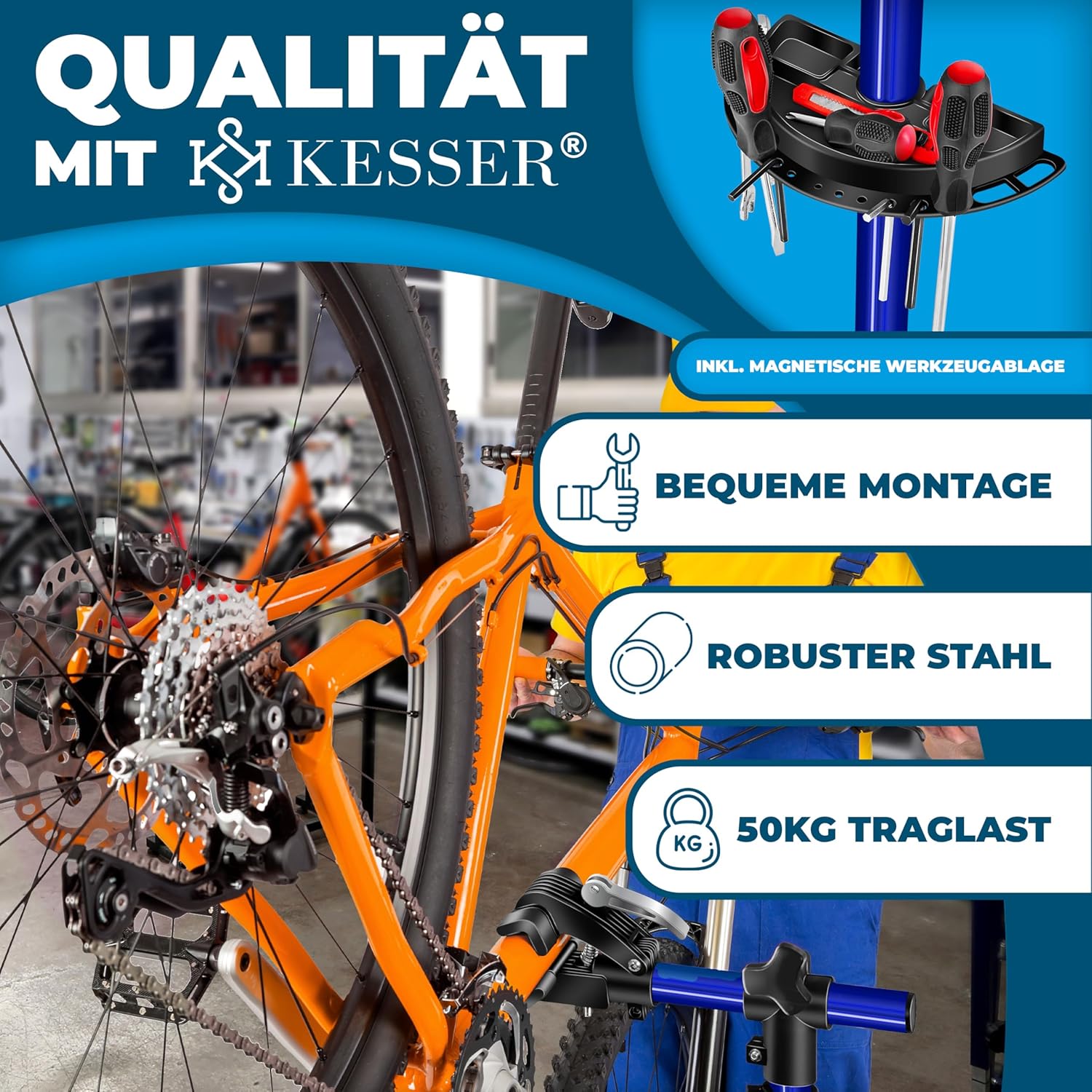 KESSER® Fahrradmontageständer Profi 50kg - 360° drehbar für E-Bike, Mountainbike & Fahrrad, höhenverstellbarer Reparaturständer, mit Werkzeugablage, Tragetasche & Schnellspanner — Ansicht 6