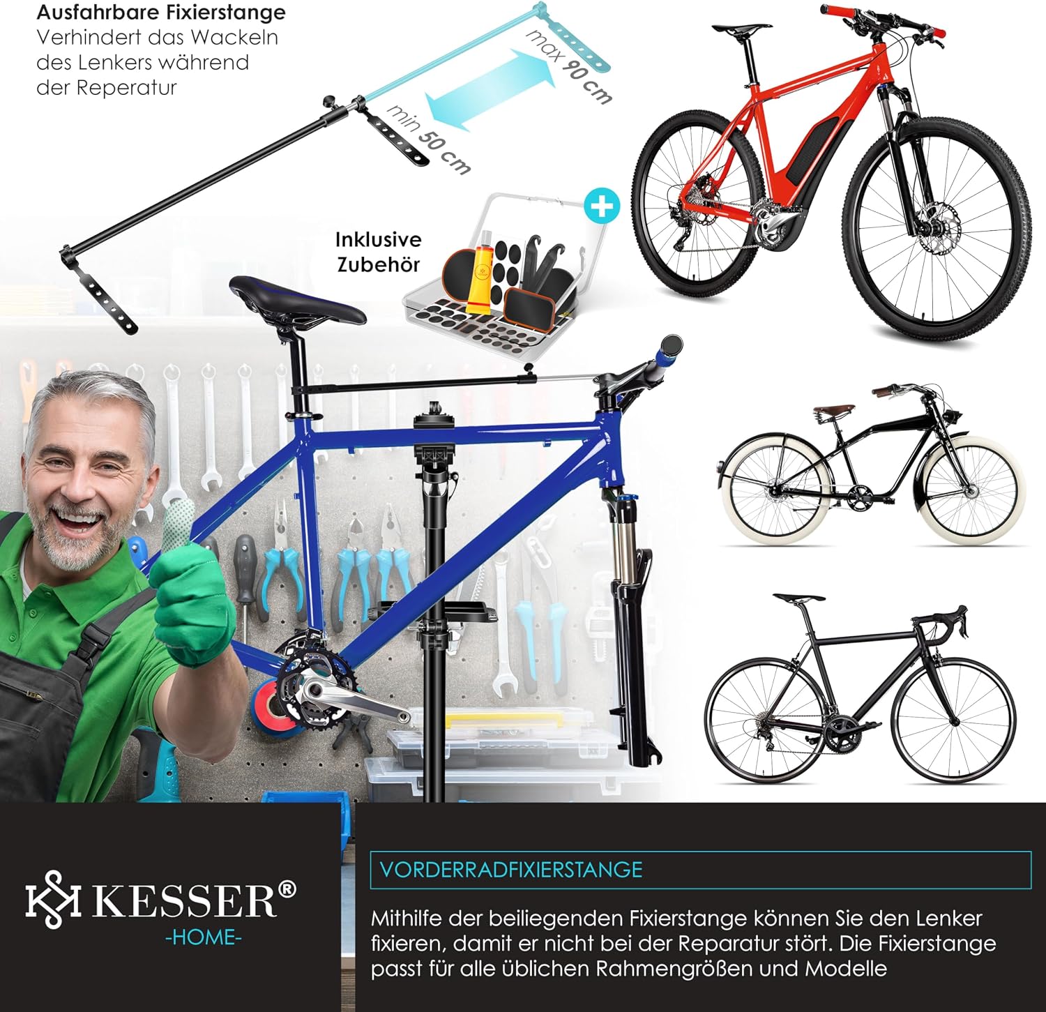 KESSER® Fahrradmontageständer Profi Alu Reparaturständer für Fahrräder Mountainbikes E-Bikes Schwerlast-Montageständer Fahrradständer 360° drehbar + Tasche, Flickzeug Set & magnetische Werkzeugablage — Ansicht 4