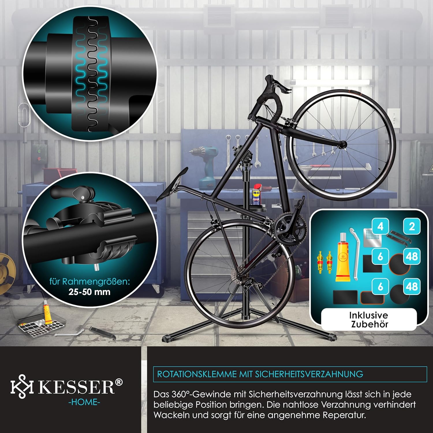 KESSER® Fahrradmontageständer Profi Alu Reparaturständer für Fahrräder Mountainbikes E-Bikes Schwerlast-Montageständer Fahrradständer 360° drehbar + Tasche, Flickzeug Set & magnetische Werkzeugablage — Ansicht 6