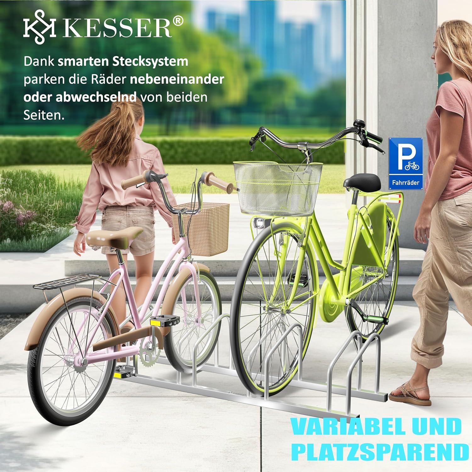 KESSER® Fahrradständer für 4 Fahrräder inkl. Parkschild | Mehrfachständer mit 37cm Radabstand für 30-65mm Reifenbreite | Fahrradhalter Aufstellständer für Boden- oder Wandmontage | Radständer Silber — Ansicht 2