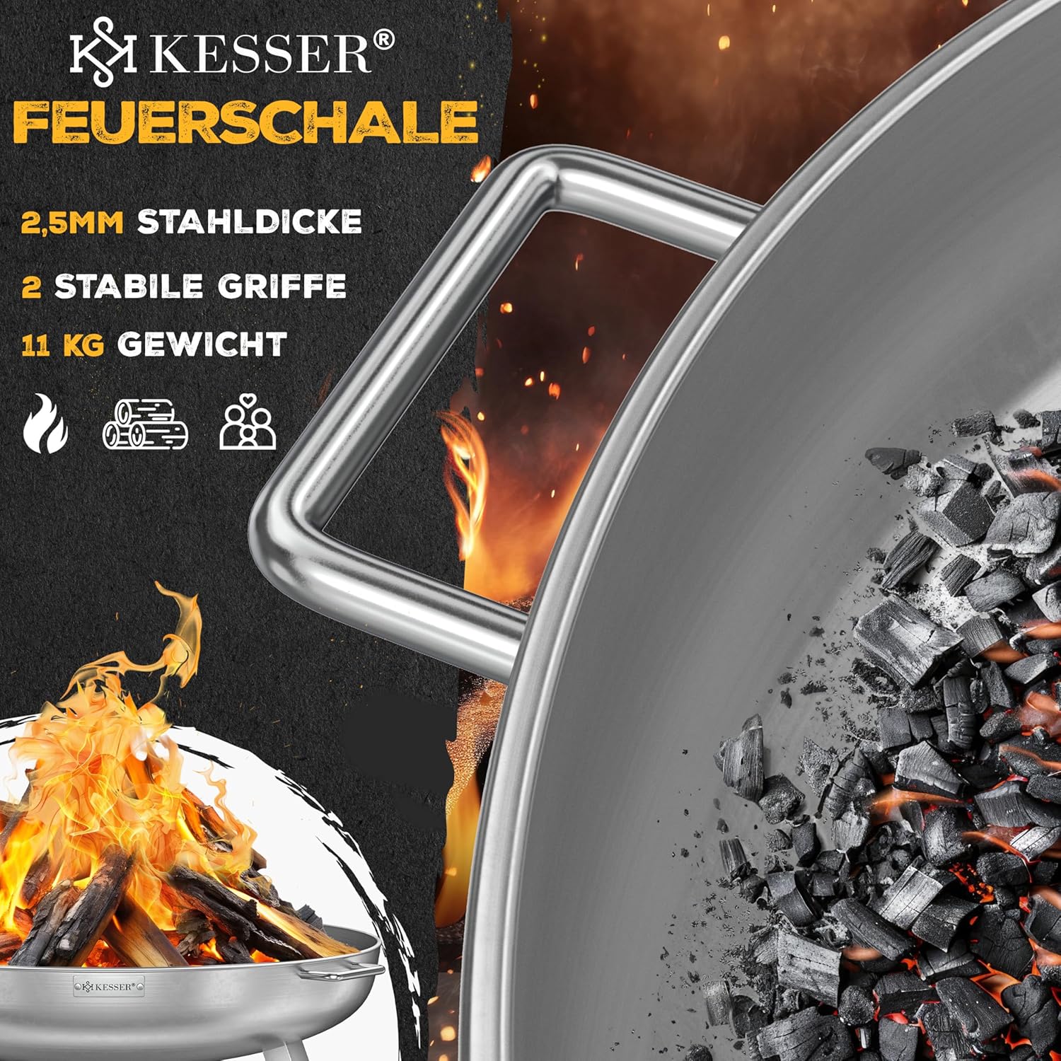 KESSER® Feuerschale 2,5mm Stahldicke | Feuerkorb Ø80cm Edelstahl | Feuertonne +42cm Feuerhaken Gusseisen Wasserablauf & 2 stabile Griffe Holz & Kohle Feuerstelle für Lagerfeuer Garten & Terrasse — Ansicht 2