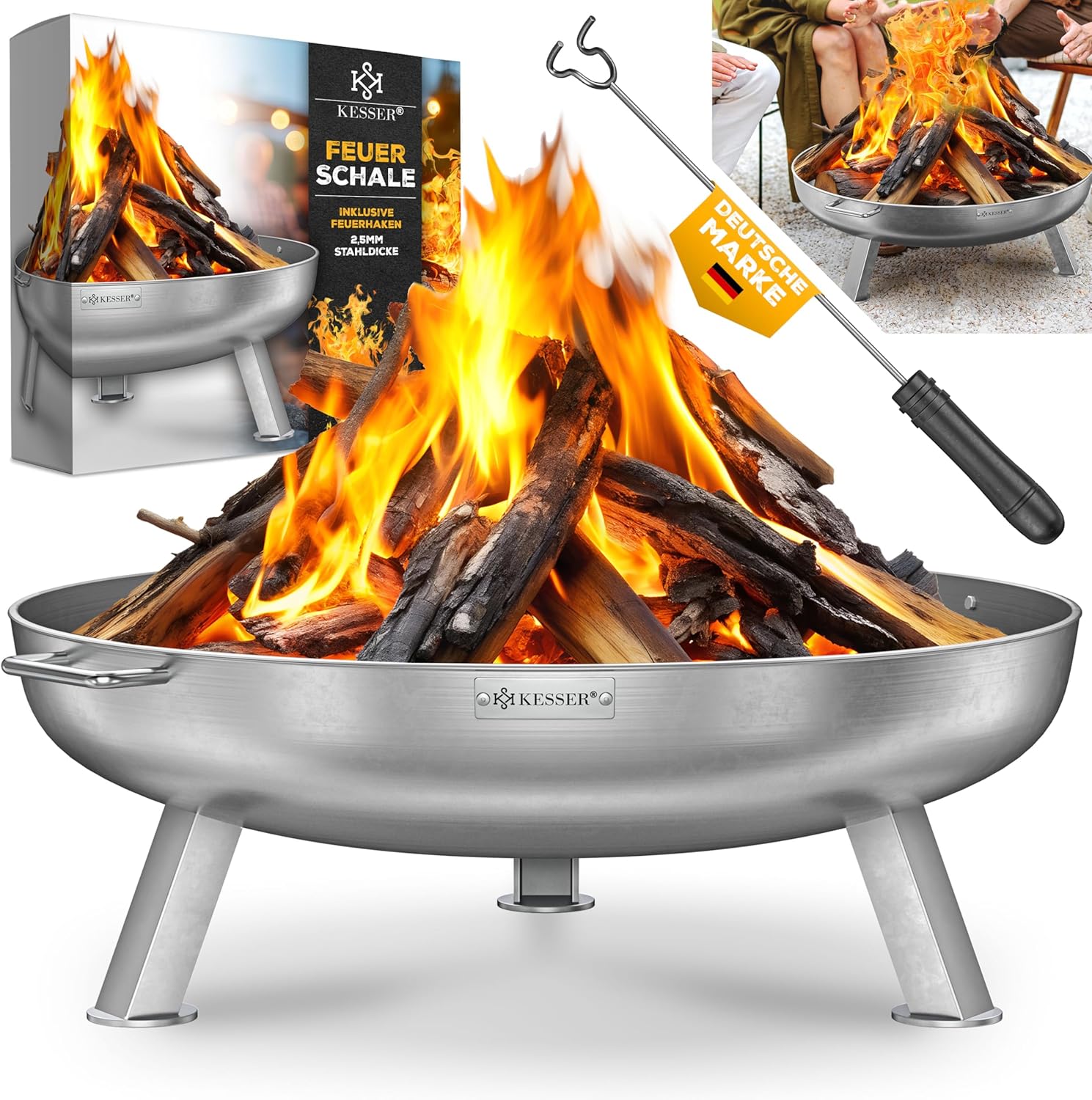 KESSER® Feuerschale 2,5mm Stahldicke | Feuerkorb Ø80cm Edelstahl | Feuertonne +42cm Feuerhaken Gusseisen Wasserablauf & 2 stabile Griffe Holz & Kohle Feuerstelle für Lagerfeuer Garten & Terrasse