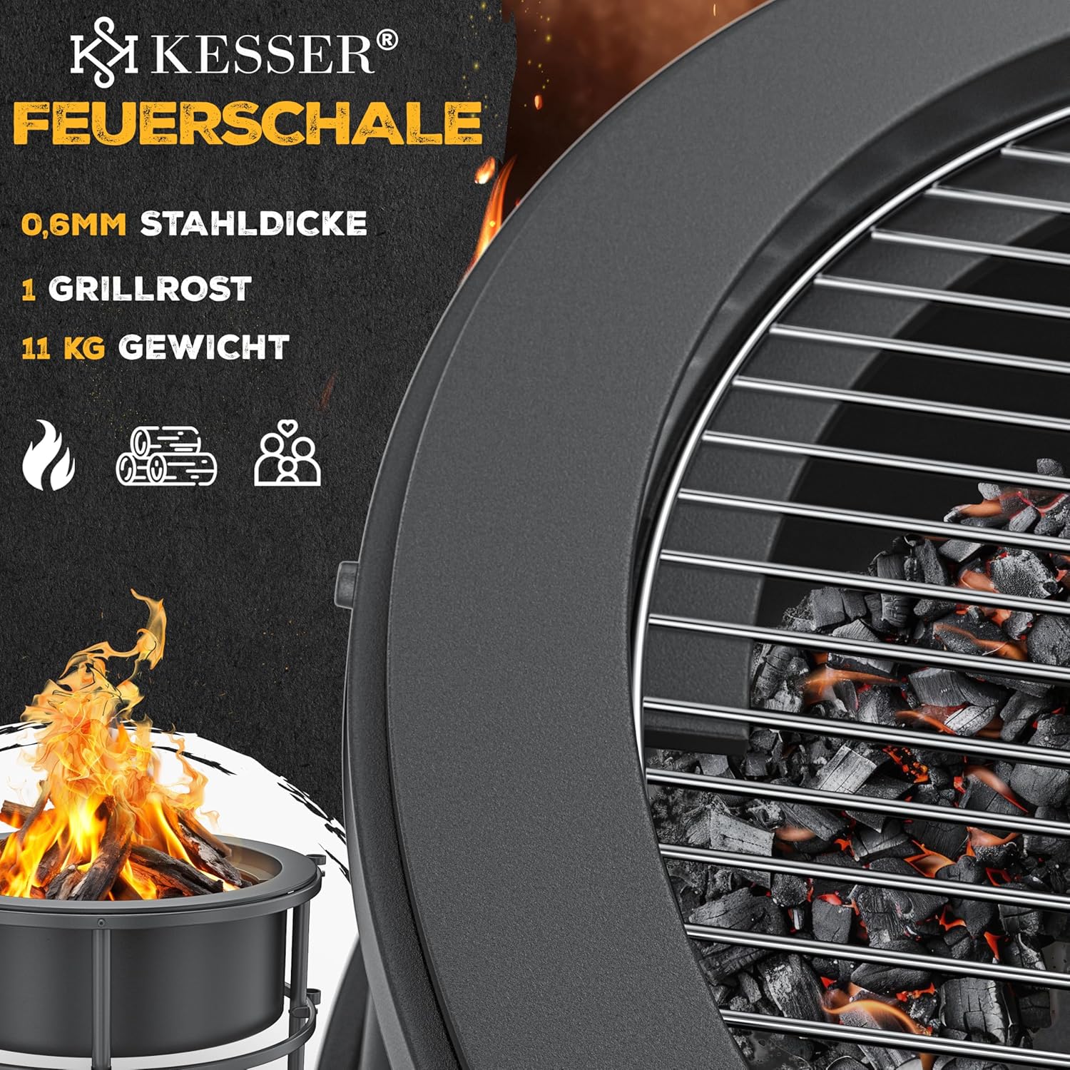 KESSER® Feuerschale mit Grillrost Ø65cm Feuerkorb 0,6mm Kaltveredelter Stahl | Mobile Feuertonne mit Reifen | Holz & Kohle Feuerstelle inkl. 60cm Feuerhaken aus Gusseisen, Ø52cm, Bürste & Cover — Ansicht 2