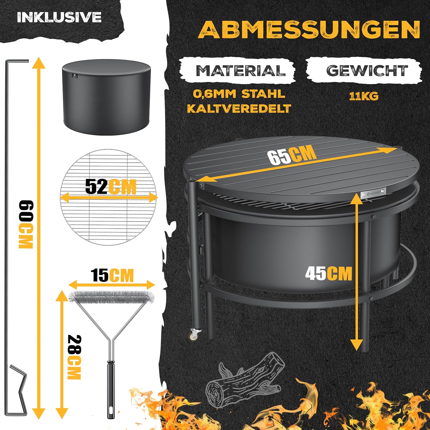 KESSER® Feuerschale mit Grillrost Ø65cm Feuerkorb 0,6mm Kaltveredelter Stahl | Mobile Feuertonne mit Reifen | Holz & Kohle Feuerstelle inkl. 60cm Feuerhaken aus Gusseisen, Ø52cm, Bürste & Cover — Ansicht 3
