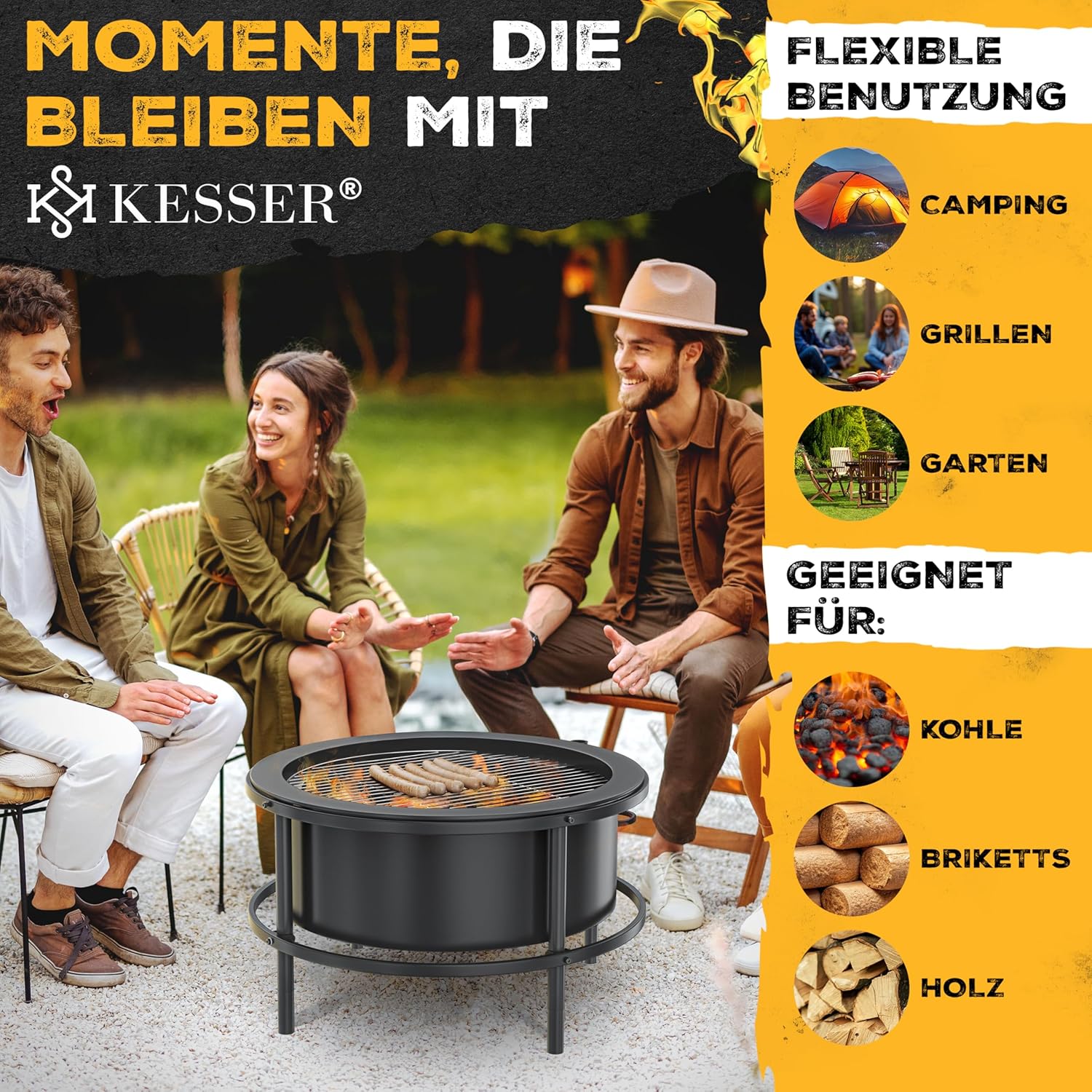 KESSER® Feuerschale mit Grillrost Ø65cm Feuerkorb 0,6mm Kaltveredelter Stahl | Mobile Feuertonne mit Reifen | Holz & Kohle Feuerstelle inkl. 60cm Feuerhaken aus Gusseisen, Ø52cm, Bürste & Cover — Ansicht 4