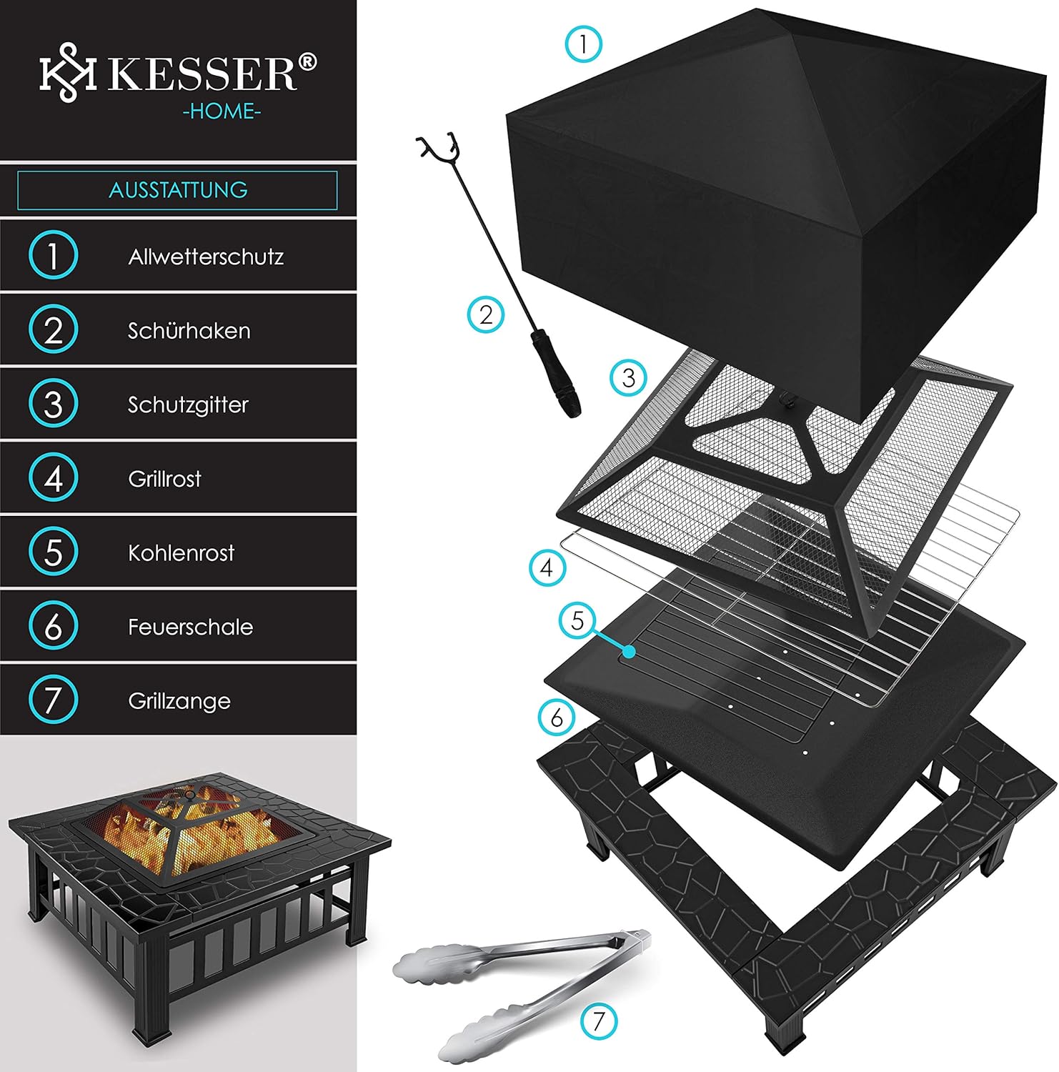 KESSER® Feuerstelle mit Grillrost & Grillzange Feuerschale 82x82x50cm, 3in1 Multifunktional Fire Pit für Heizung/BBQ Grill, Garten Terrasse, Metall Feuerkorb mit Schutzhülle Schürhaken Funkenschutz — Ansicht 2