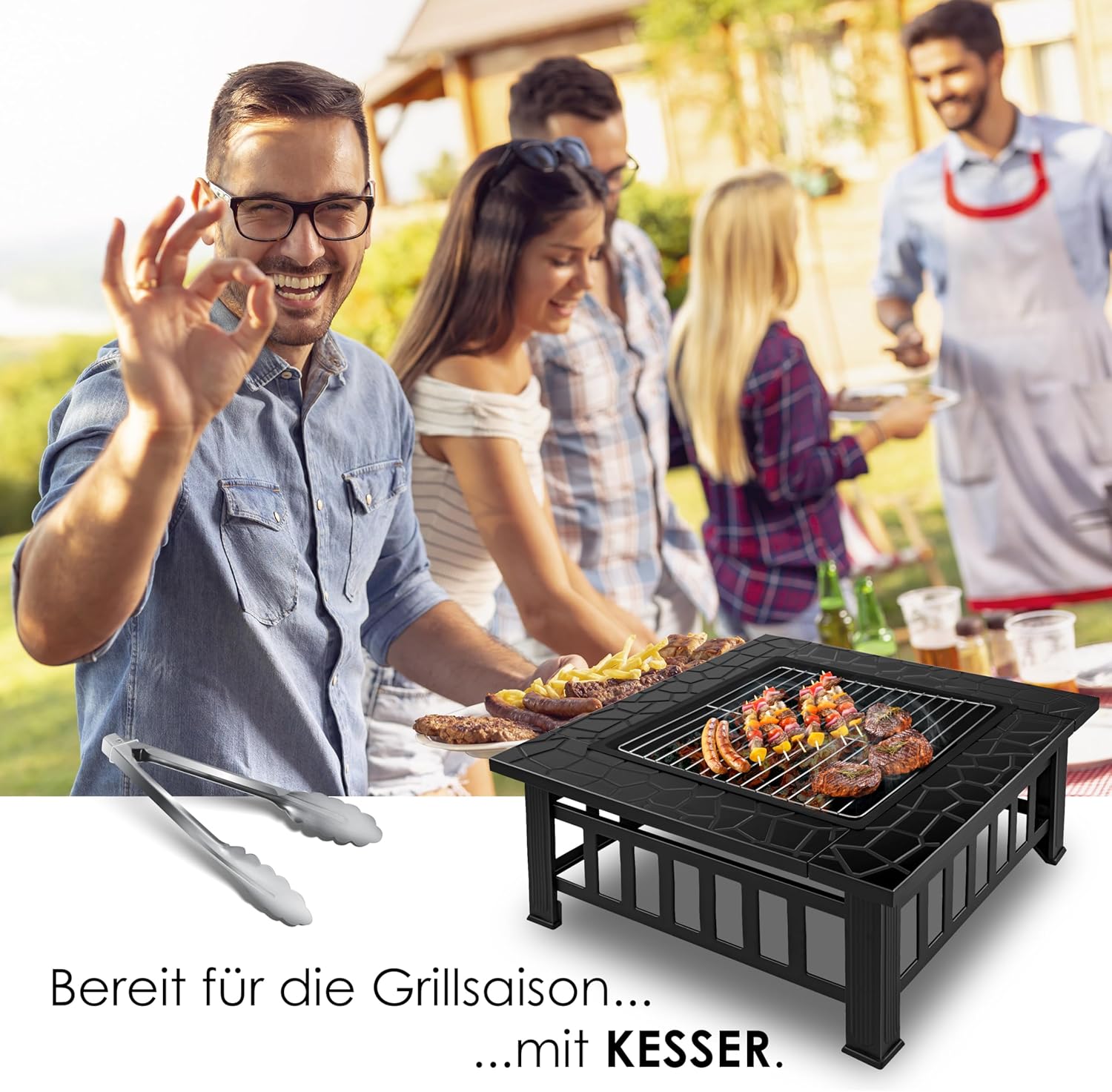 KESSER® Feuerstelle mit Grillrost & Grillzange Feuerschale 82x82x50cm, 3in1 Multifunktional Fire Pit für Heizung/BBQ Grill, Garten Terrasse, Metall Feuerkorb mit Schutzhülle Schürhaken Funkenschutz — Ansicht 5