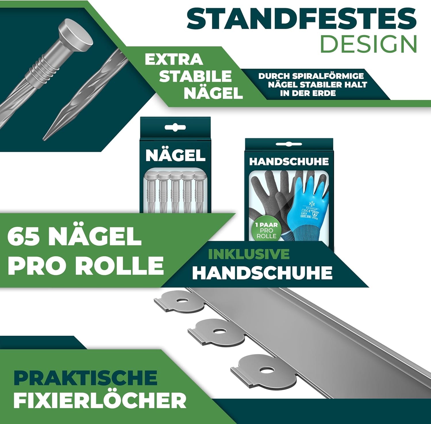 KESSER® Flexible Rasenkante aus Kunststoff Länge 20m Höhe 5cm, mit 130 Erdanker + 2 Paar Handschuhe Beeteinfassung Beetumrandung Beetbegrenzung Mähkante Pflastersteine Palisade - Grau — Ansicht 3