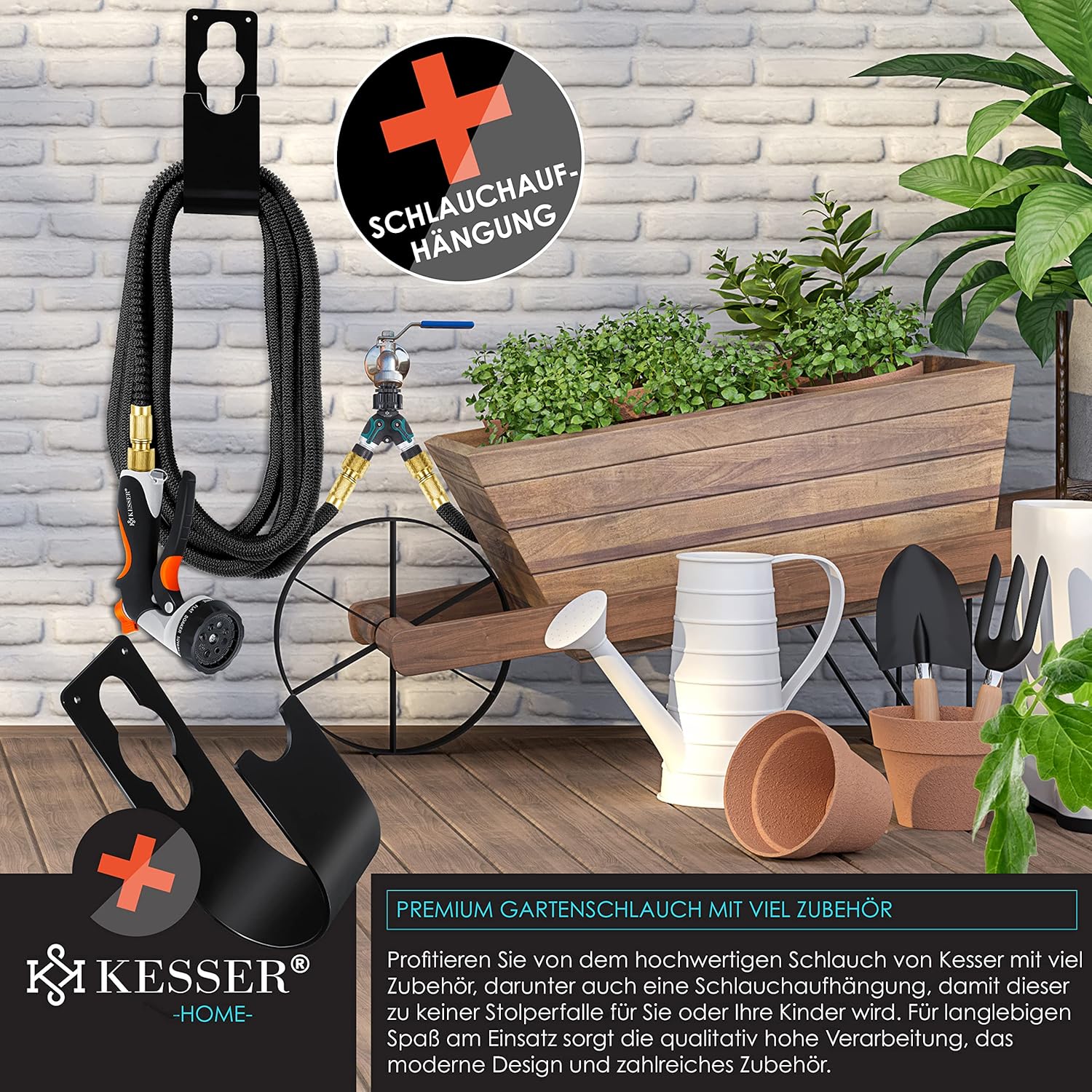 KESSER® flexibler Gartenschlauch 30 m, dehnbarer Flexischlauch, Wasserschlauch mit 3-fach Latexkern, 8 Modi Sprühpistole, Messing Anschlüsse + Wandhalterung, 1/2" & 3/4" Adapter & Tasche, Schwarz — Ansicht 3