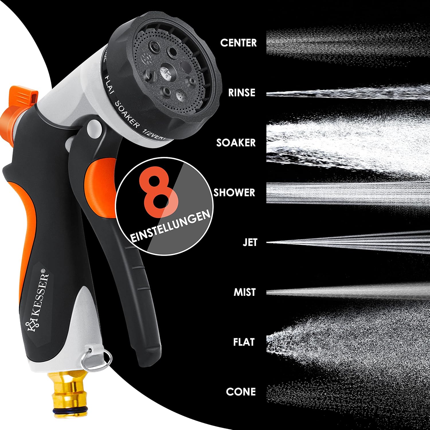 KESSER® flexibler Gartenschlauch 30 m, dehnbarer Flexischlauch, Wasserschlauch mit 3-fach Latexkern, 8 Modi Sprühpistole, Messing Anschlüsse + Wandhalterung, 1/2" & 3/4" Adapter & Tasche, Schwarz — Ansicht 5