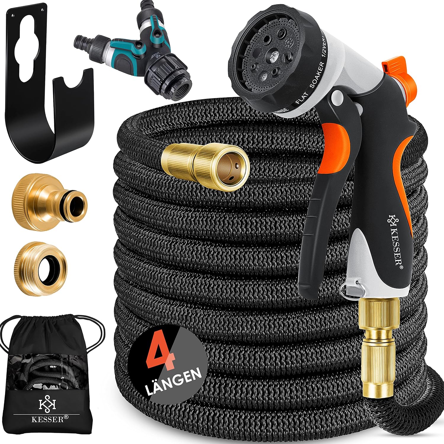 KESSER® flexibler Gartenschlauch 30 m, dehnbarer Flexischlauch, Wasserschlauch mit 3-fach Latexkern, 8 Modi Sprühpistole, Messing Anschlüsse + Wandhalterung, 1/2" & 3/4" Adapter & Tasche, Schwarz