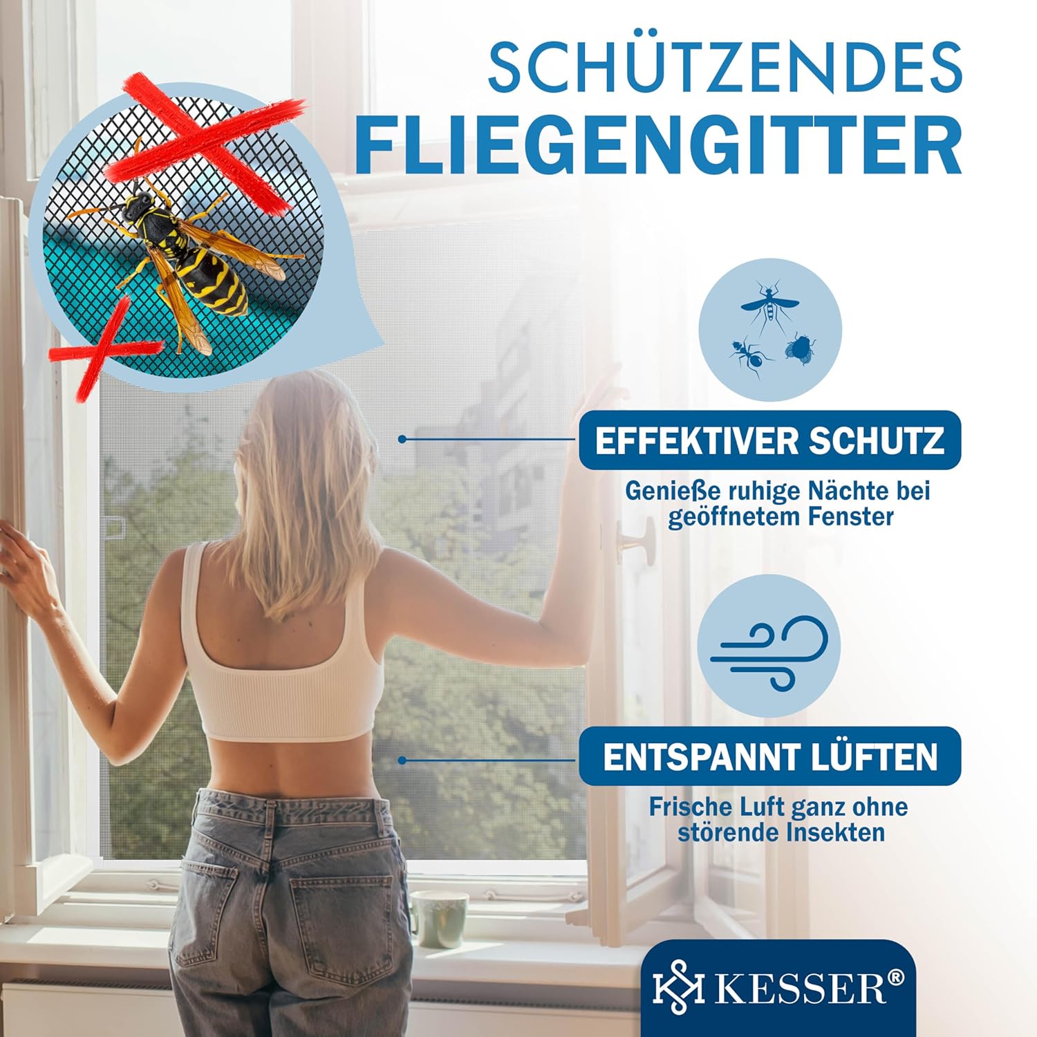 KESSER® Fliegengitter Fenster 100x120cm Mückenschutz mit Aluminium Rahmen, Spannrahmen Fliegengitter ohne Bohren, Insektenschutz, Moskitonetz Fliegennetz für Fenster einfach montieren, Weiß — Ansicht 2