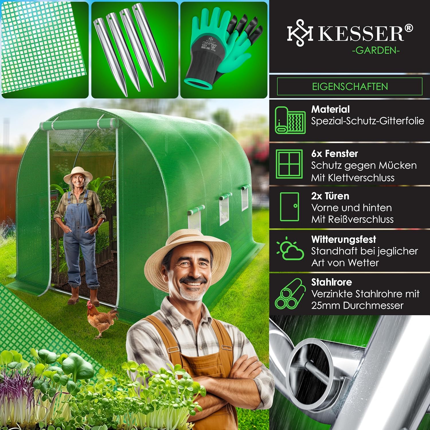 KESSER® Folien-Gewächshaus Stabil mit 6 Fenster mit Moskitonetz & Tür | Gartentunnel mit Rahmen aus verzinktem Stahl | Folientunnel 170g/m2 inkl. Erdanker Handschuhen & Seilen | 200x300cm Grün — Ansicht 4
