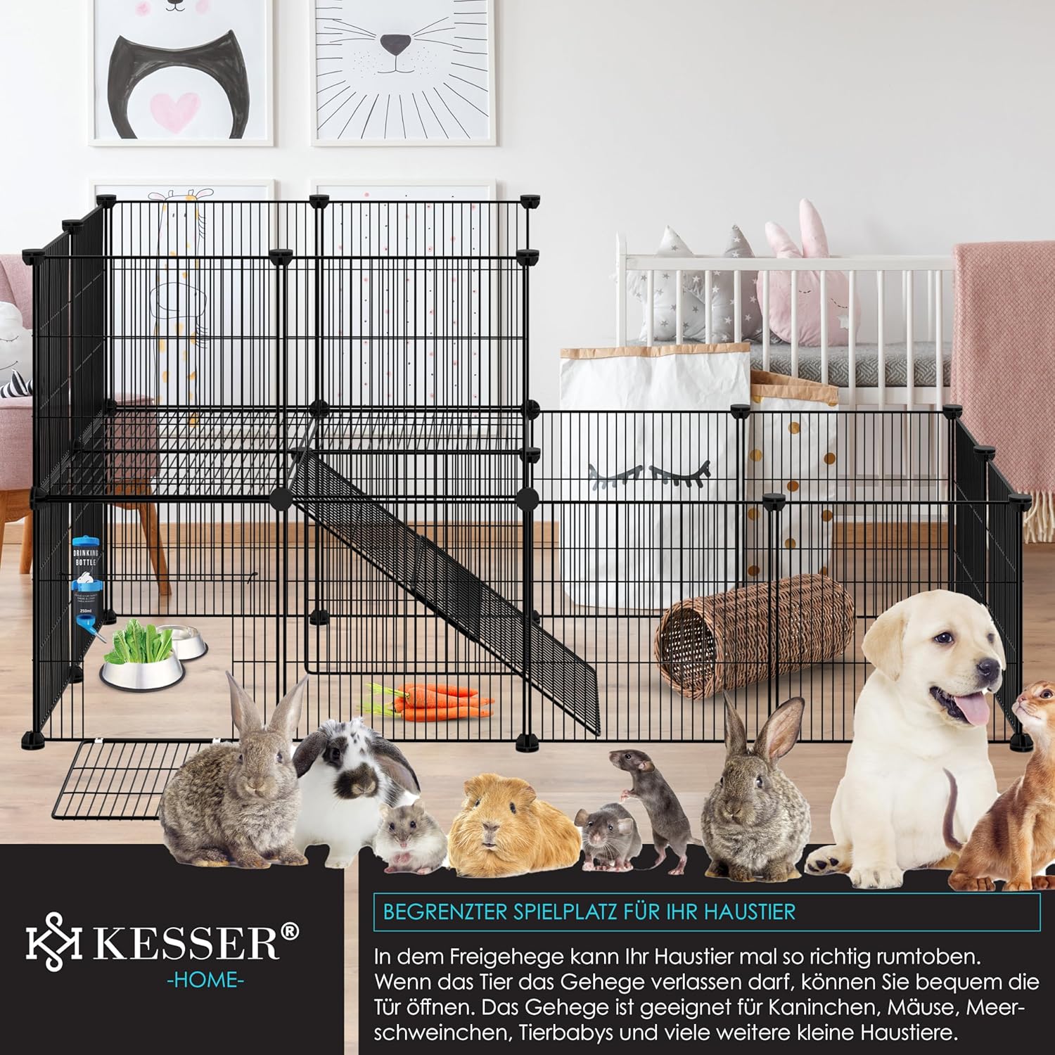 KESSER® Freigehege Gittergehege für Kaninchen aus Metallgitter XXL Kleintiergehege Meerschweinchen Gehege Freilauf, Kleintierkäfig Laufgitter Hasenstall für Innen/draußen, inkl. Komplettset & Flasche — Ansicht 4