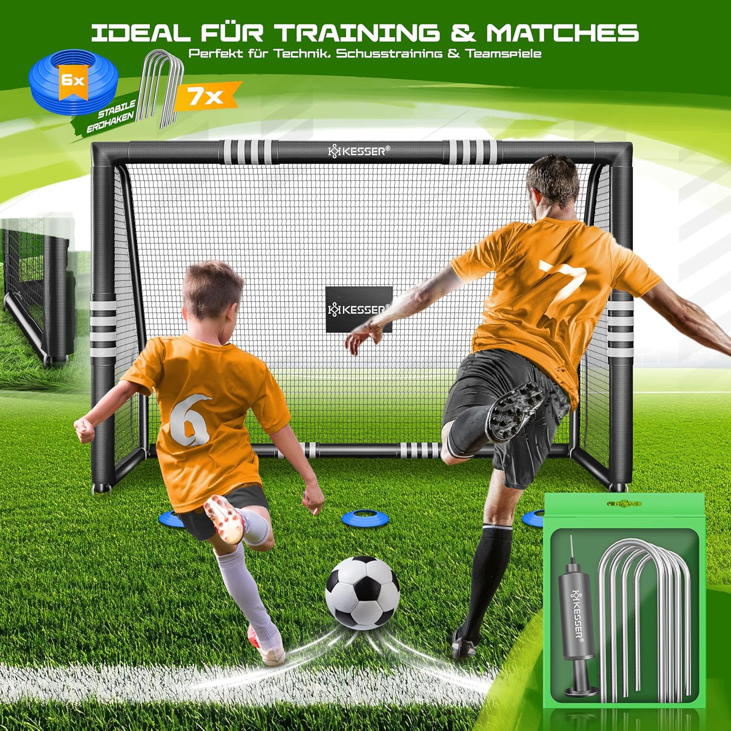 KESSER® Fußballtor für Garten Robustes Outdoor Training Schusstraining UV-beständigem Netz, Stahlrahmen mit Polsterung, Erdhaken, Luftpumpe, Hüttchen, Montagezubehör für Kinder und Erwachsene — Ansicht 6