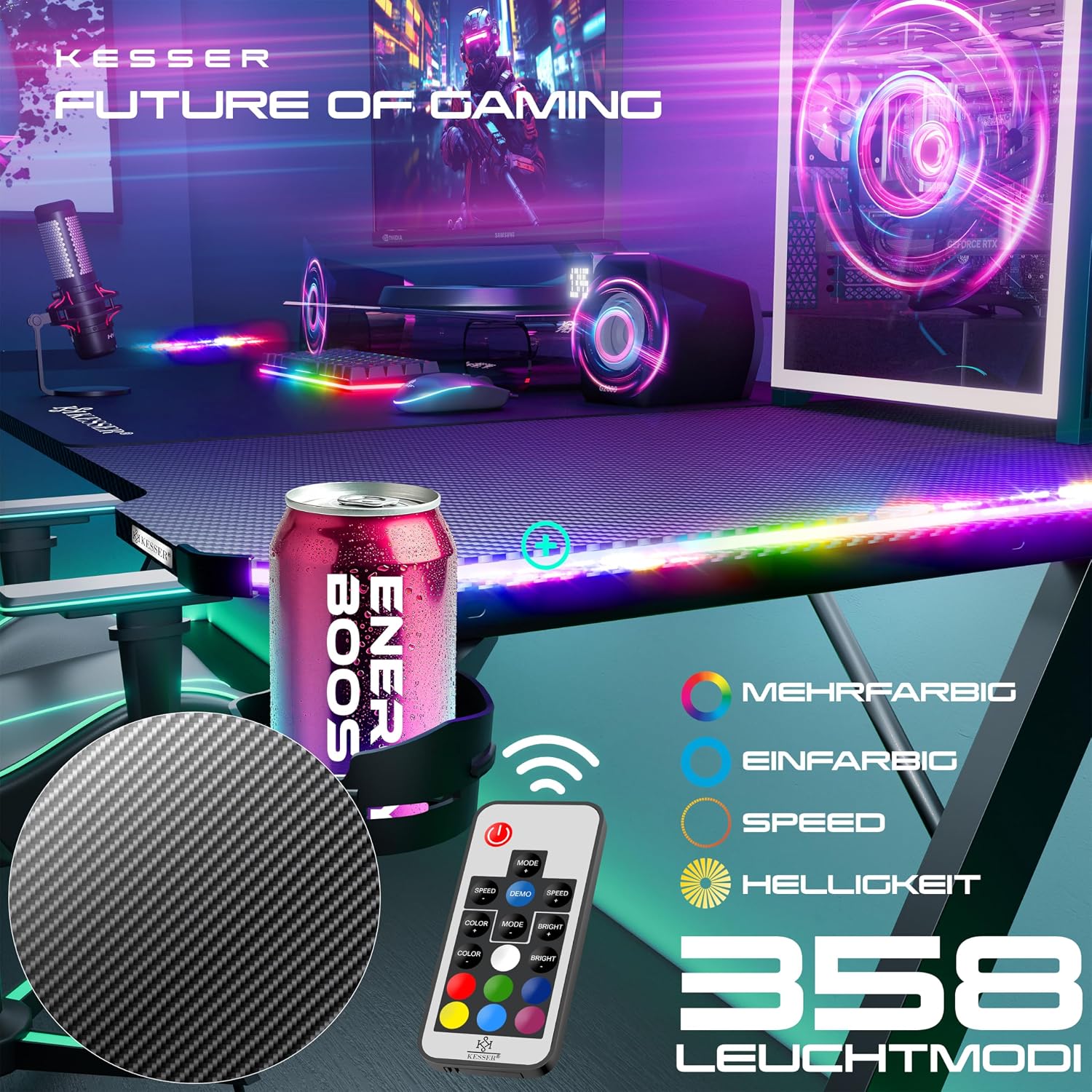 KESSER® Gaming Tisch LED 180cm x 80cm | Z-Form Gamer Schreibtisch | Kopfhörerhaken & Kohlebeschichtung | Ergonomischer PC Computertisch | Stabiler Tisch mit Getränkehalter Schwarz — Ansicht 4