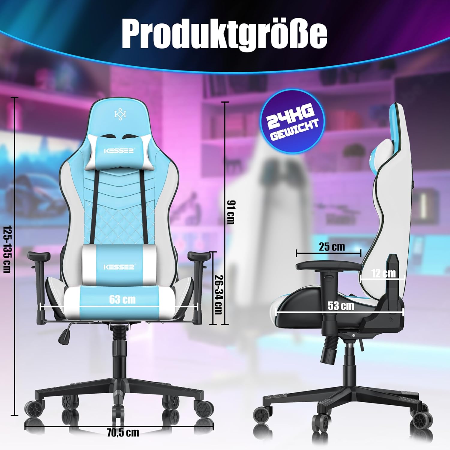KESSER® Gamingstuhl Ergonomisch Gaming Stuhl Bürostuhl mit Kopfstütze & Lendenkissen | Racing Gamer Stuhl 150kg belastbar | Armlehne 360° | Drehbarer Schreibtischstuhl Gaming Chair + Gummi-Rollen — Ansicht 2