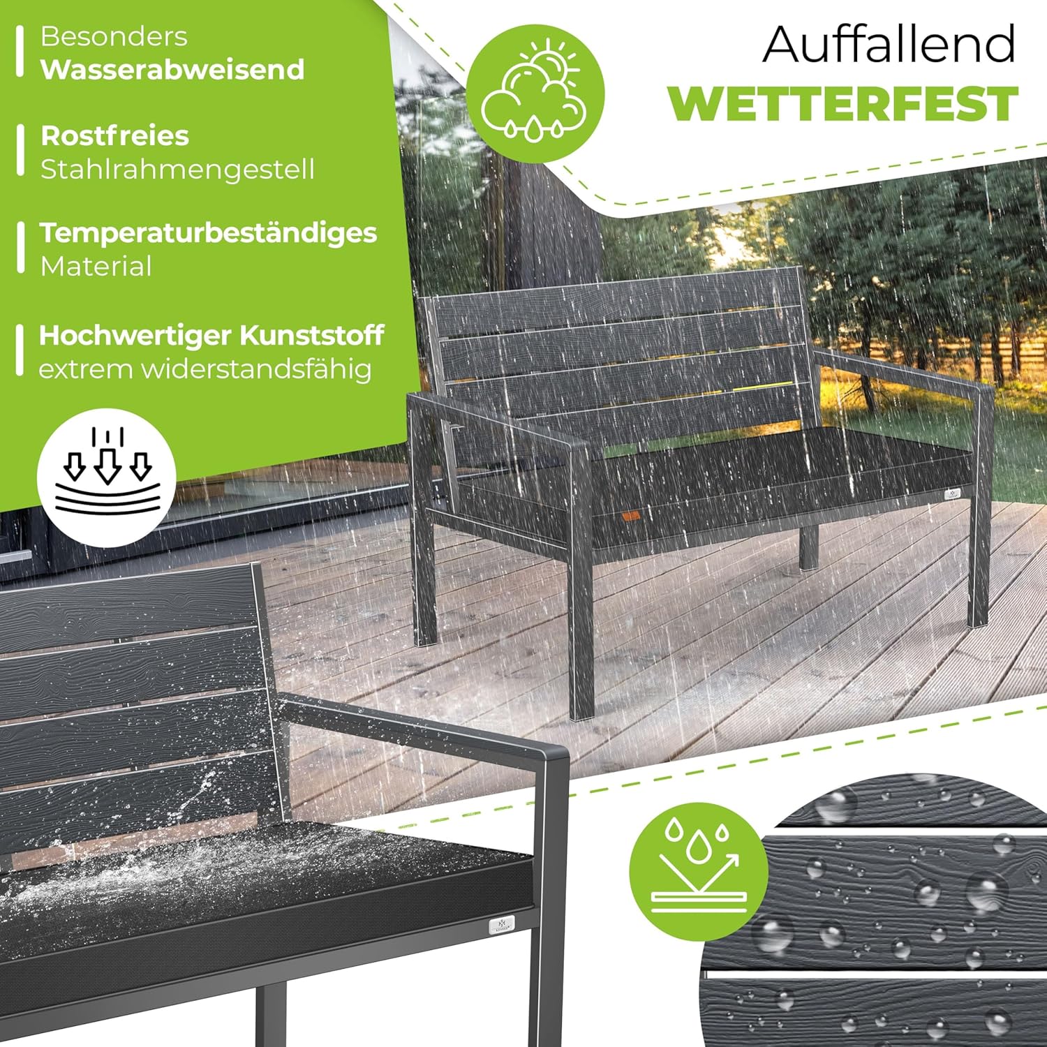 KESSER® Gartenbank mit Kissen – Sitzbank Wetterfest 2-Sitzer Parkbank in Holzoptik Balkonbank für Garten Terrasse Balkon bis 300 kg belastbar UV-beständig inkl. abnehmbarem & waschbarem Polsterbezug — Ansicht 5