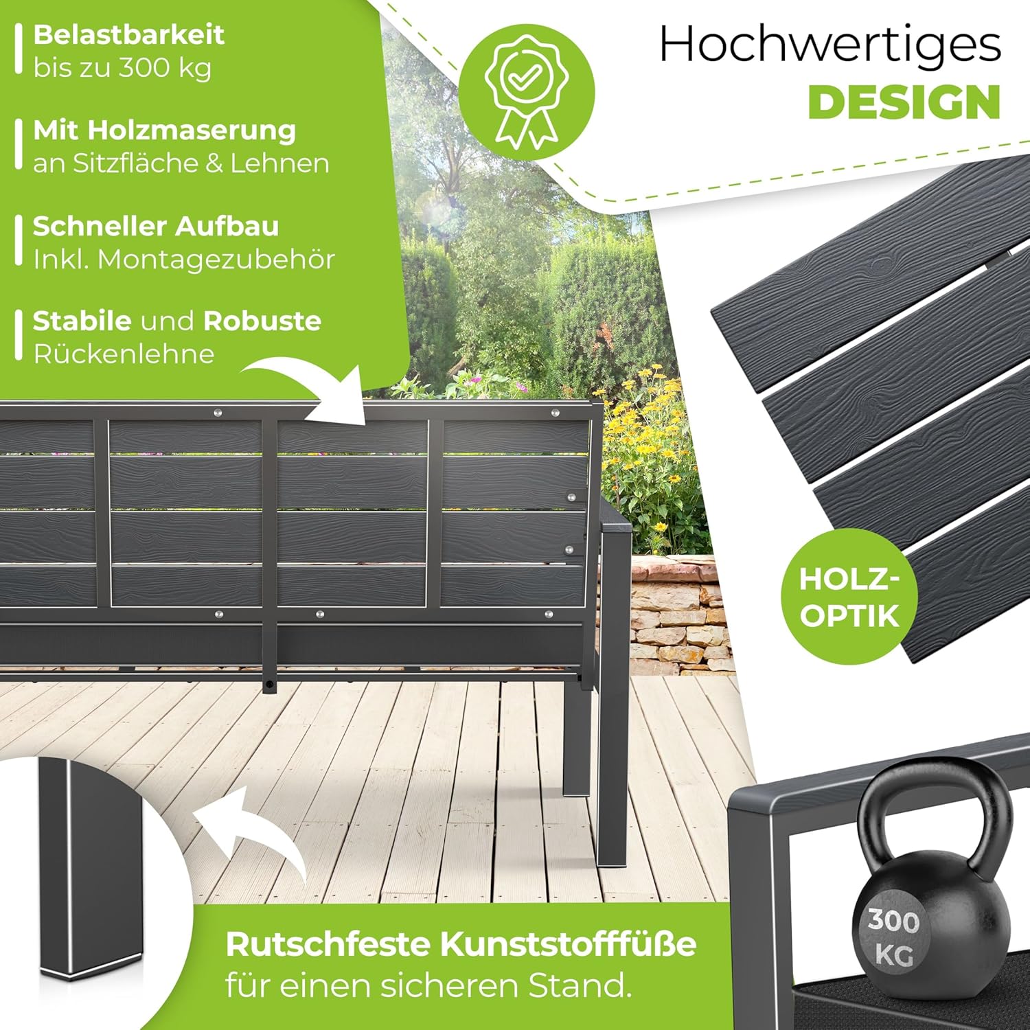 KESSER® Gartenbank mit Kissen – Sitzbank Wetterfest 2-Sitzer Parkbank in Holzoptik Balkonbank für Garten Terrasse Balkon bis 300 kg belastbar UV-beständig inkl. abnehmbarem & waschbarem Polsterbezug — Ansicht 6