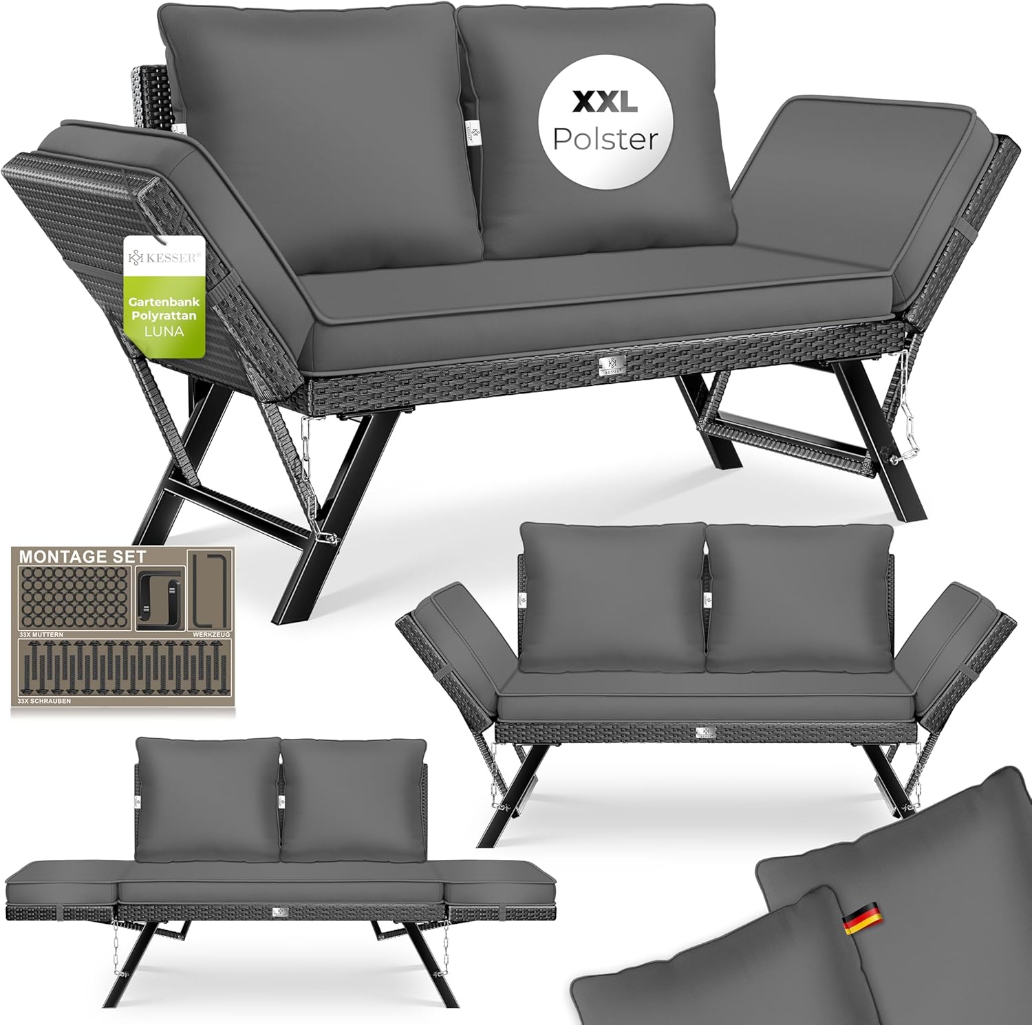 KESSER® Gartenbank Polyrattan Luna mit Liegefunktion Gartensofa 4 in 1 Verstellfunktion Gartencouch Wetterfest Balkonsofa Verstellbare Armlehnen, Extra Dicke & Weiche Polsterung Garten/Balkon/Terrasse