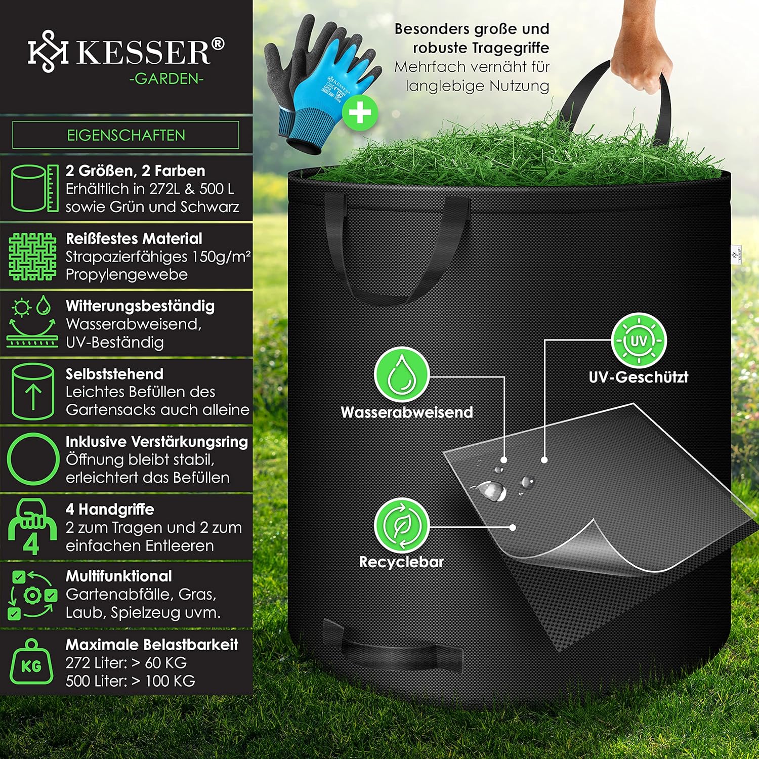 KESSER® Gartensack 2x 500L Set Laubsack Gartenabfallsack inkl. Handschuhe - Selbststehend 4 Griffe Stabil Robust & Faltbar - Laubsäcke Rasenschnitt für Gartenabfälle Grünschnitt Schwarz — Ansicht 2