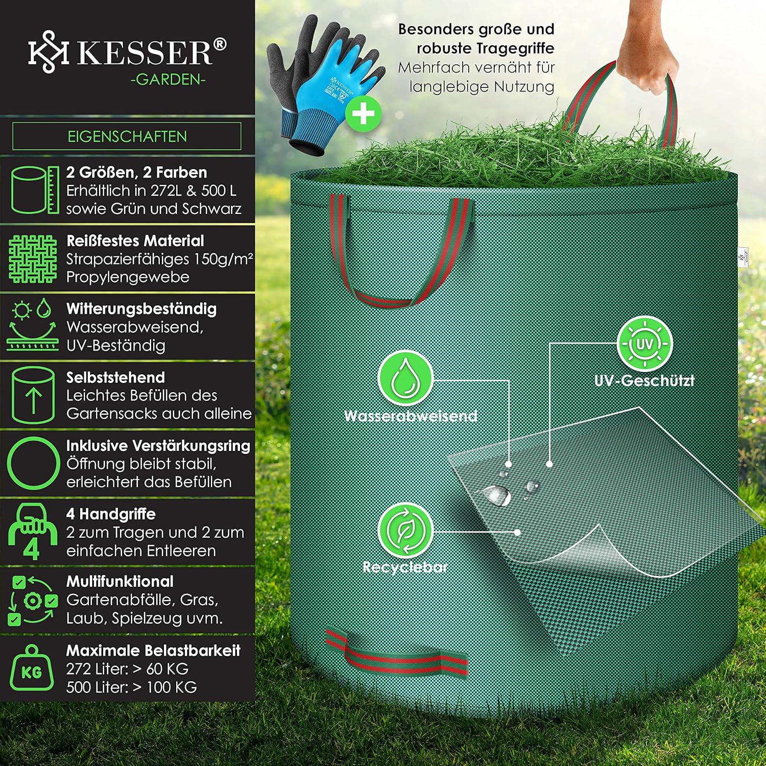KESSER® Gartensack 3x 272L Set Laubsack Gartenabfallsack inkl. Handschuhe - Selbststehend 4 Griffe Stabil Robust & Faltbar - Rasenschnitt für Gartenabfälle Grünschnitt Grün — Ansicht 2