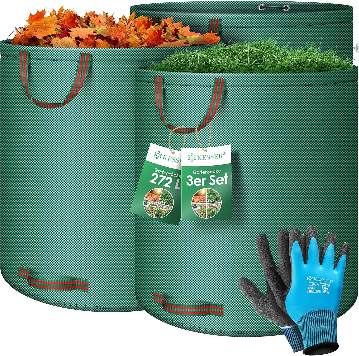 KESSER® Gartensack 3x 272L Set Laubsack Gartenabfallsack inkl. Handschuhe - Selbststehend 4 Griffe Stabil Robust & Faltbar - Rasenschnitt für Gartenabfälle Grünschnitt Grün