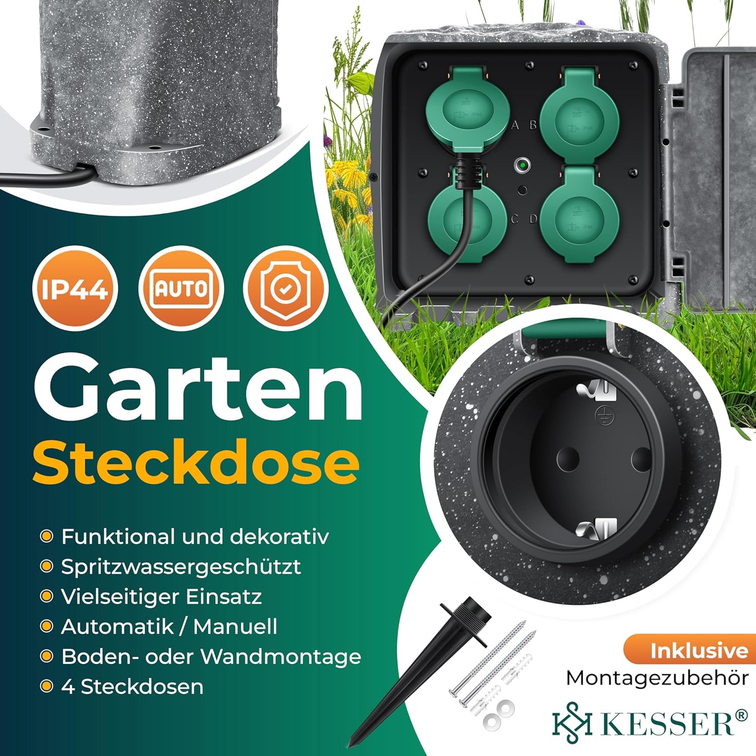 KESSER® Gartensteckdose Stein Steinoptik 4-Fach, Außensteckdose wasserdicht IP44, Mehrfachsteckdose Outdoor Garten Terrasse, mit Dämmerungssensor, 3m Kabel, 3680W 16A + Montageset (Grau) — Ansicht 2