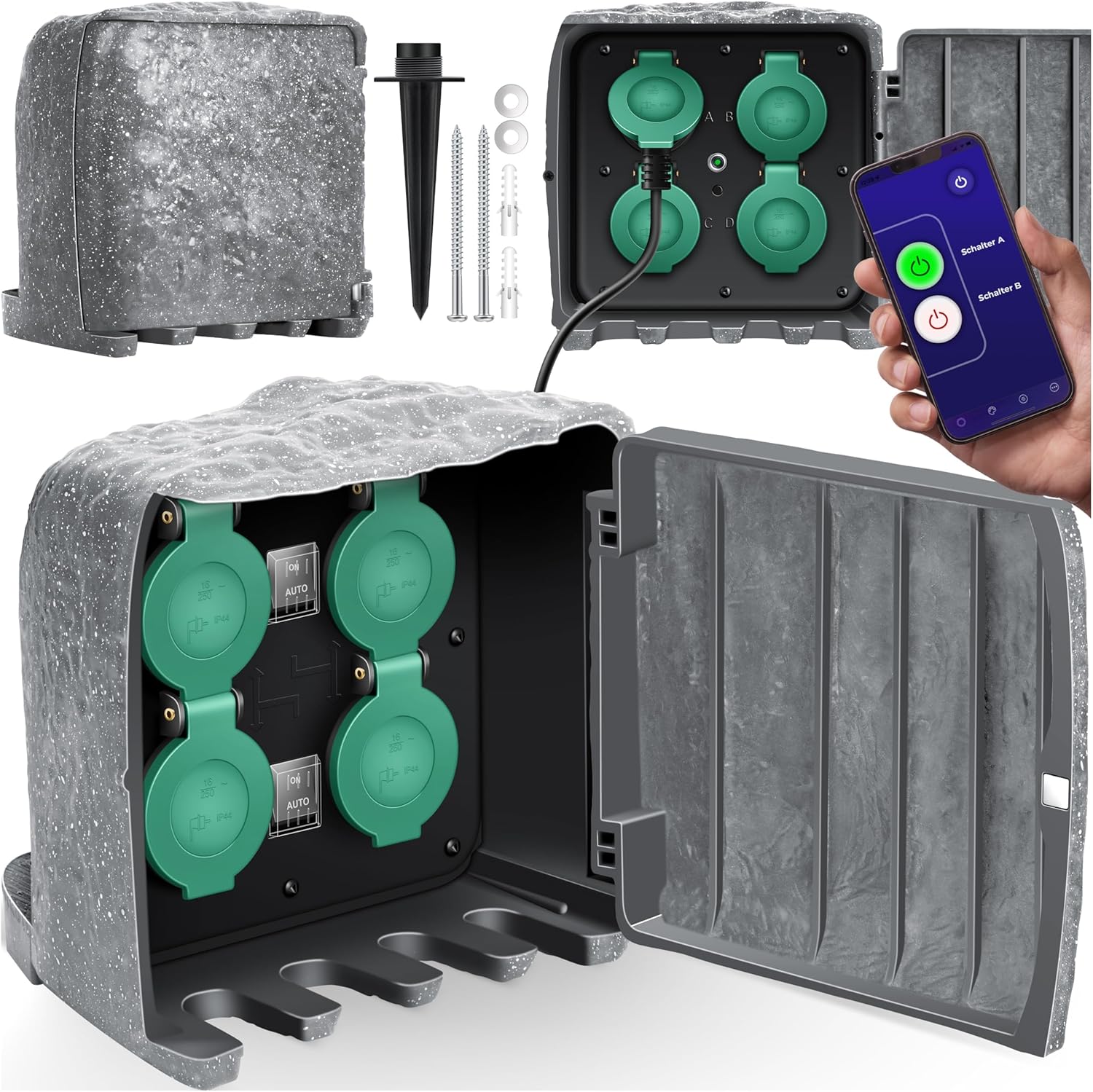 KESSER® Gartensteckdose Stein Steinoptik 4-Fach, Außensteckdose wasserdicht IP44, Mehrfachsteckdose Outdoor Garten Terrasse, mit Dämmerungssensor, 3m Kabel, 3680W 16A + Montageset (Grau)