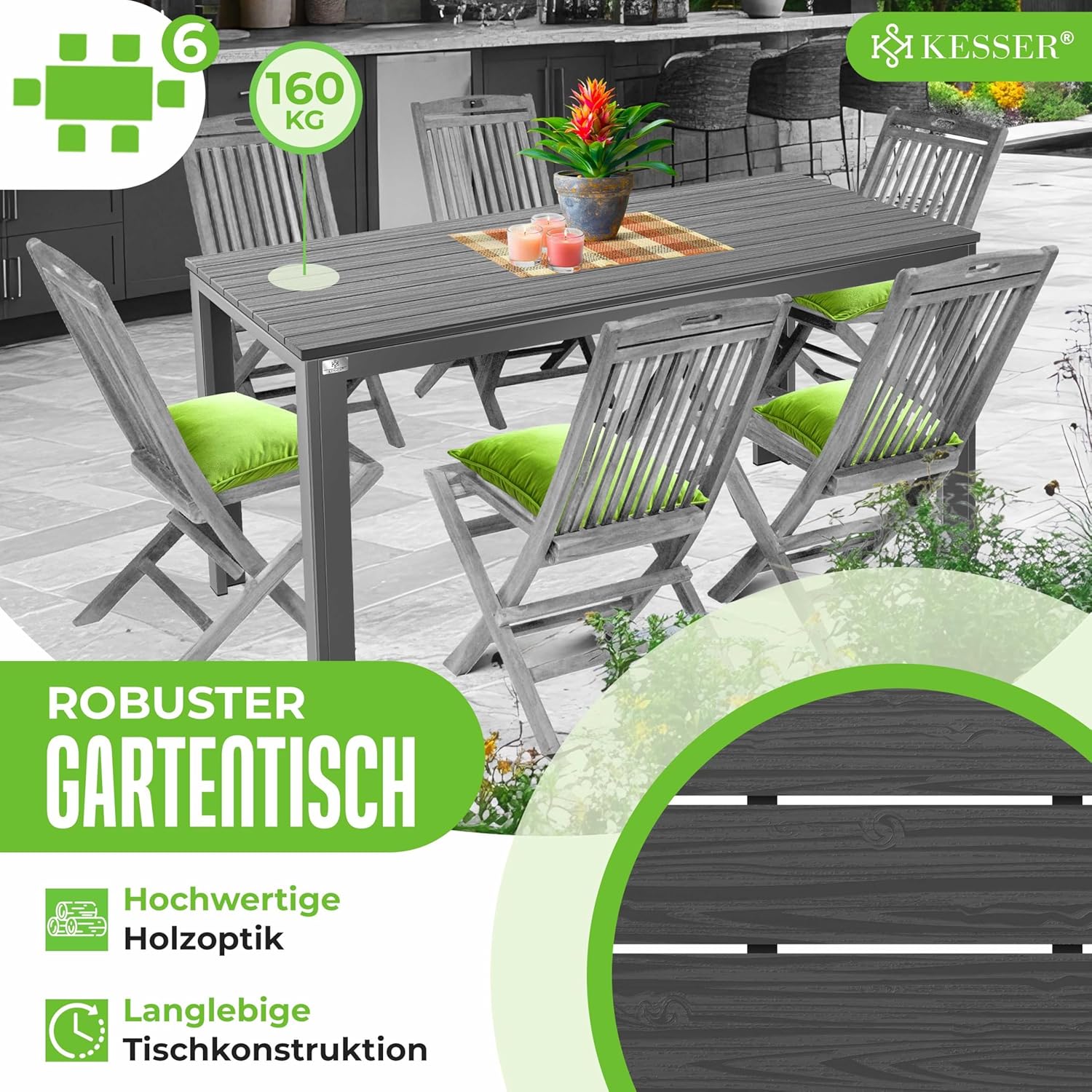 KESSER® Gartentisch 156x78cm für bis 6 Personen Esstisch Wetterfest & UV-Beständig | Outdoor Tisch mit pulverbeschichteter Stahl-Gestell & Kunststoff Tischplatte in Holz-Optik inkl. 6 Filz-Untersetzer — Ansicht 3