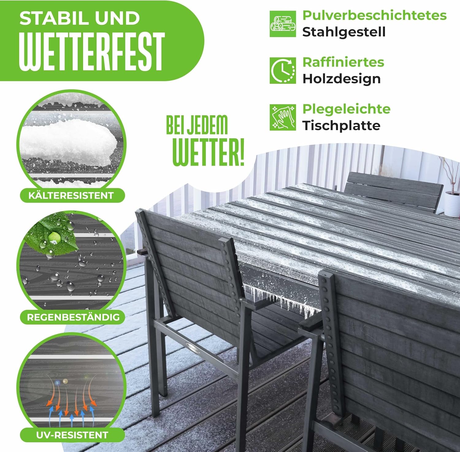 KESSER® Gartentisch 156x78cm für bis 6 Personen Esstisch Wetterfest & UV-Beständig | Outdoor Tisch mit pulverbeschichteter Stahl-Gestell & Kunststoff Tischplatte in Holz-Optik inkl. 6 Filz-Untersetzer — Ansicht 6