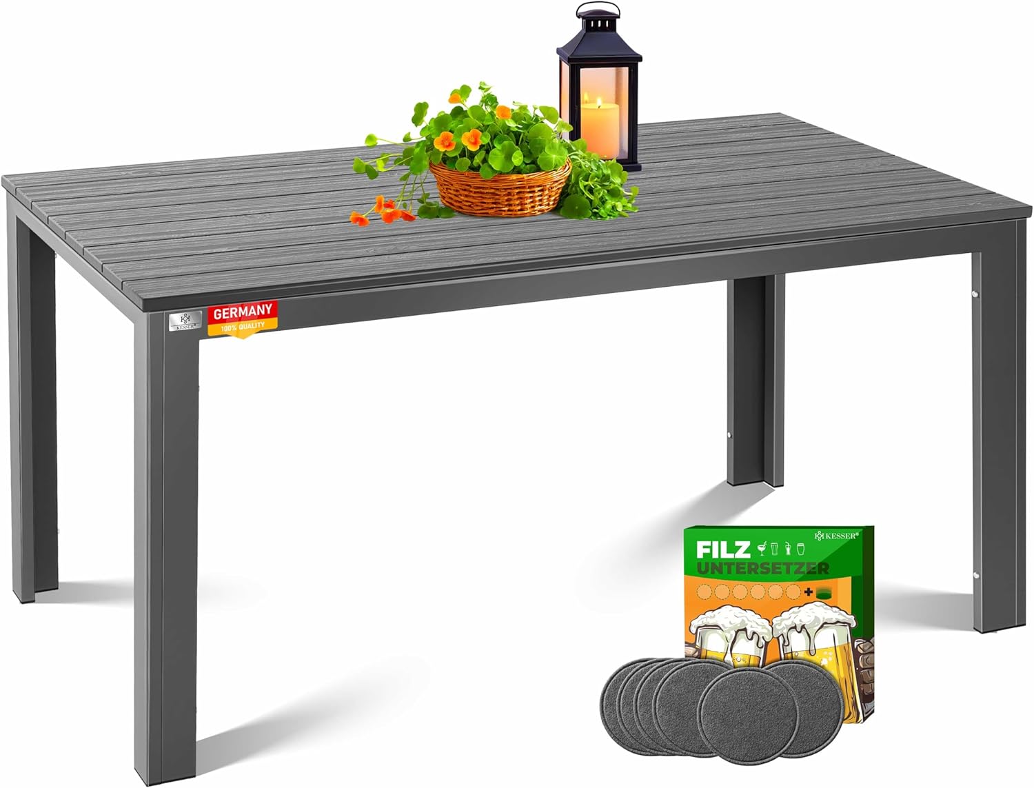 KESSER® Gartentisch 156x78cm für bis 6 Personen Esstisch Wetterfest & UV-Beständig | Outdoor Tisch mit pulverbeschichteter Stahl-Gestell & Kunststoff Tischplatte in Holz-Optik inkl. 6 Filz-Untersetzer
