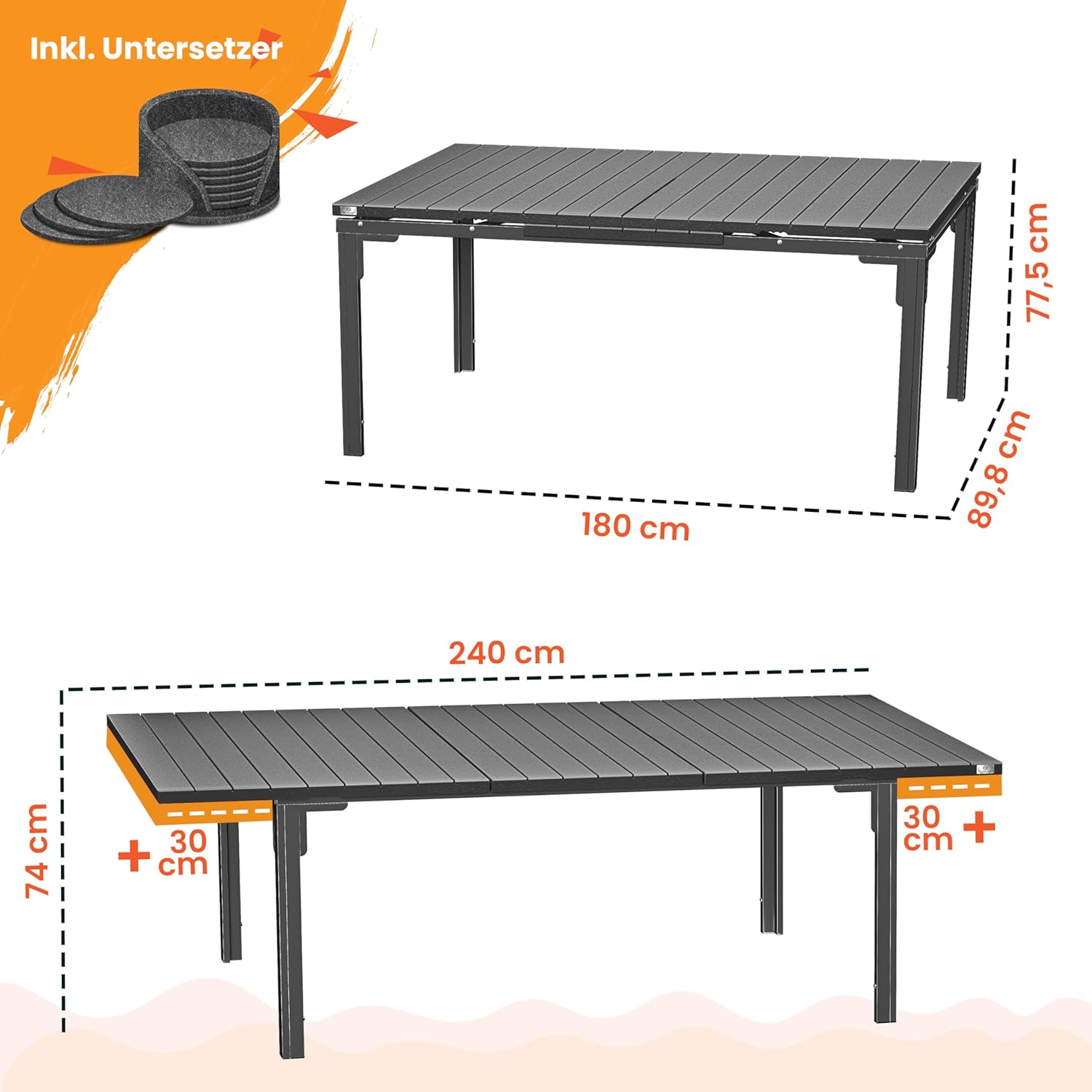 KESSER® Gartentisch ausziehbar Esstisch 180/240x90cm erweiterbar bis 8 Personen Ausziehtisch mit pulverbeschichtetem Stahl-Gestell & HDPE Tischplatte Wetterfest & UV-Beständig inkl. 6 Filz-Untersetzer — Ansicht 2