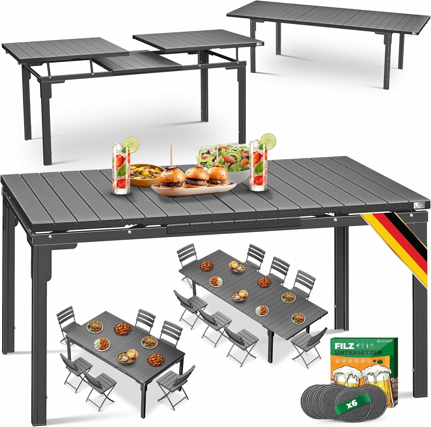 KESSER® Gartentisch ausziehbar Esstisch 180/240x90cm erweiterbar bis 8 Personen Ausziehtisch mit pulverbeschichtetem Stahl-Gestell & HDPE Tischplatte Wetterfest & UV-Beständig inkl. 6 Filz-Untersetzer
