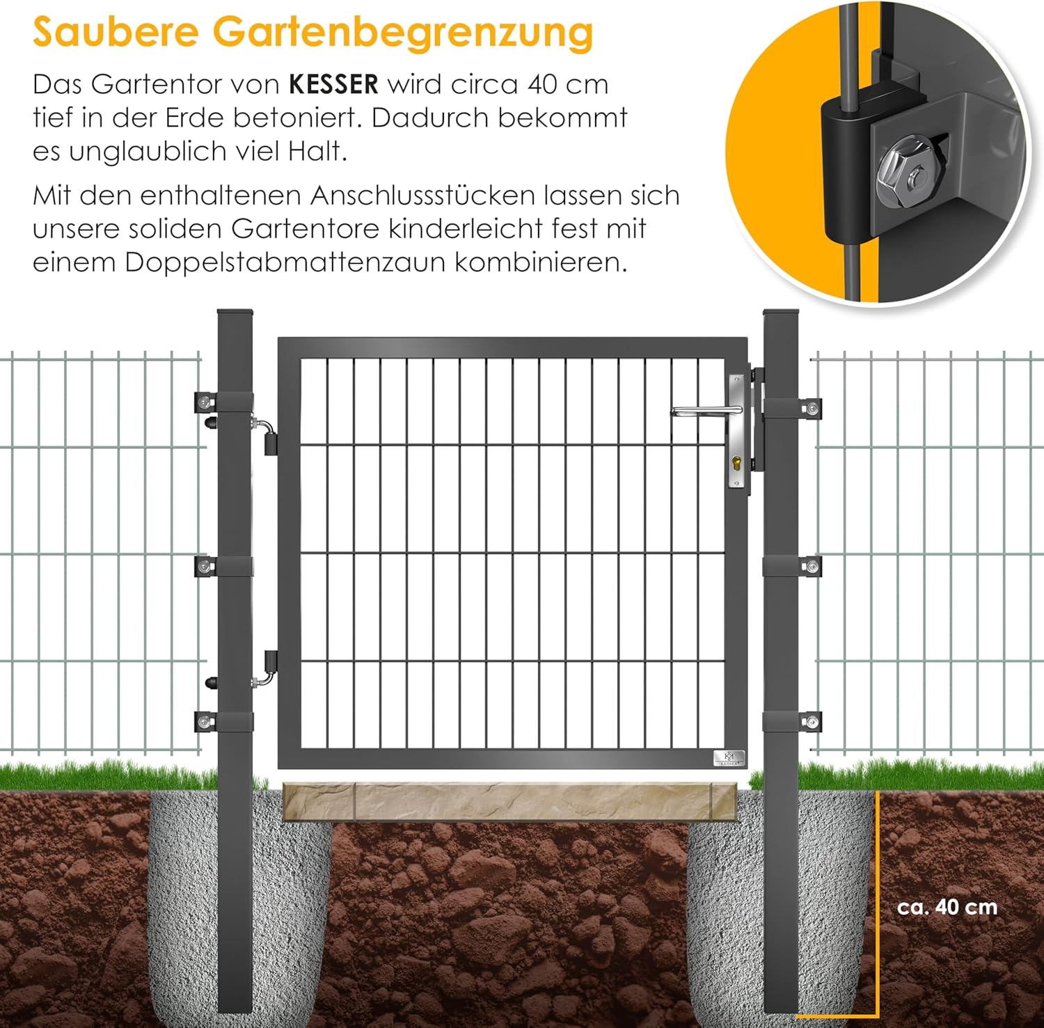 KESSER® Gartentor Premium Gartentür aus Metall verzinktem Stahl, Gartentür für Stabmattenzaun Zauntor, Hoftor, inkl. Pfosten mit Schloss Türklinke, Schlüssel & Montagezubehör, 80 x 106 cm, Anthrazit — Ansicht 4